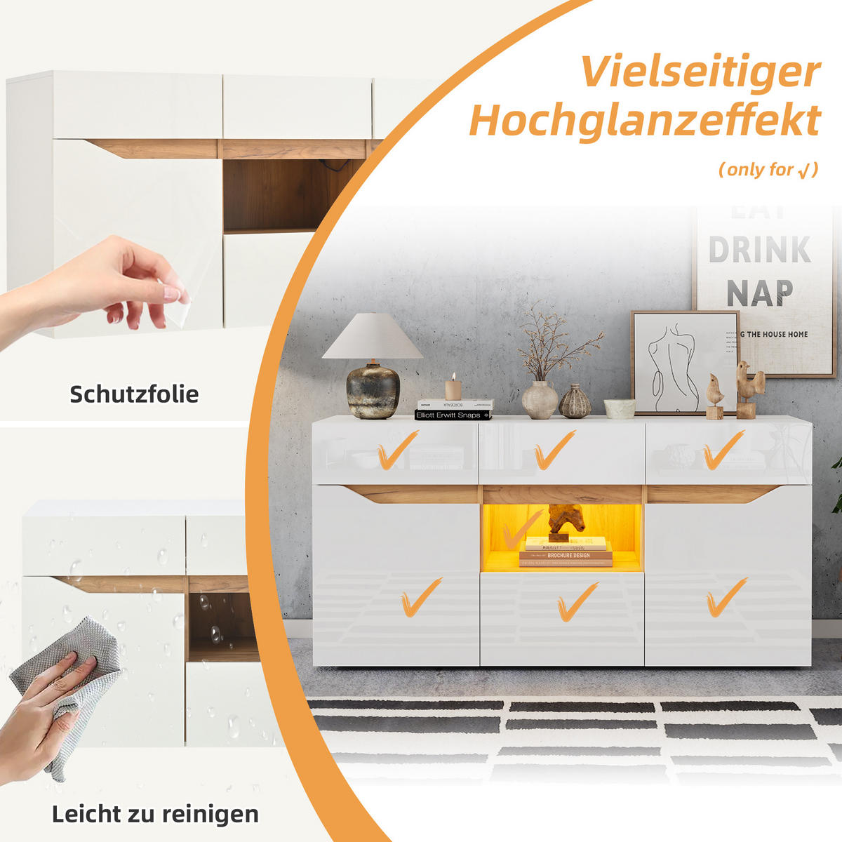 SIDEBOARD LED Weiß Holz 4 Schubladen 2 Fächer 140x40x70cm - Weiß, Holzwerkstoff (40/70/140cm) - FLIEKS