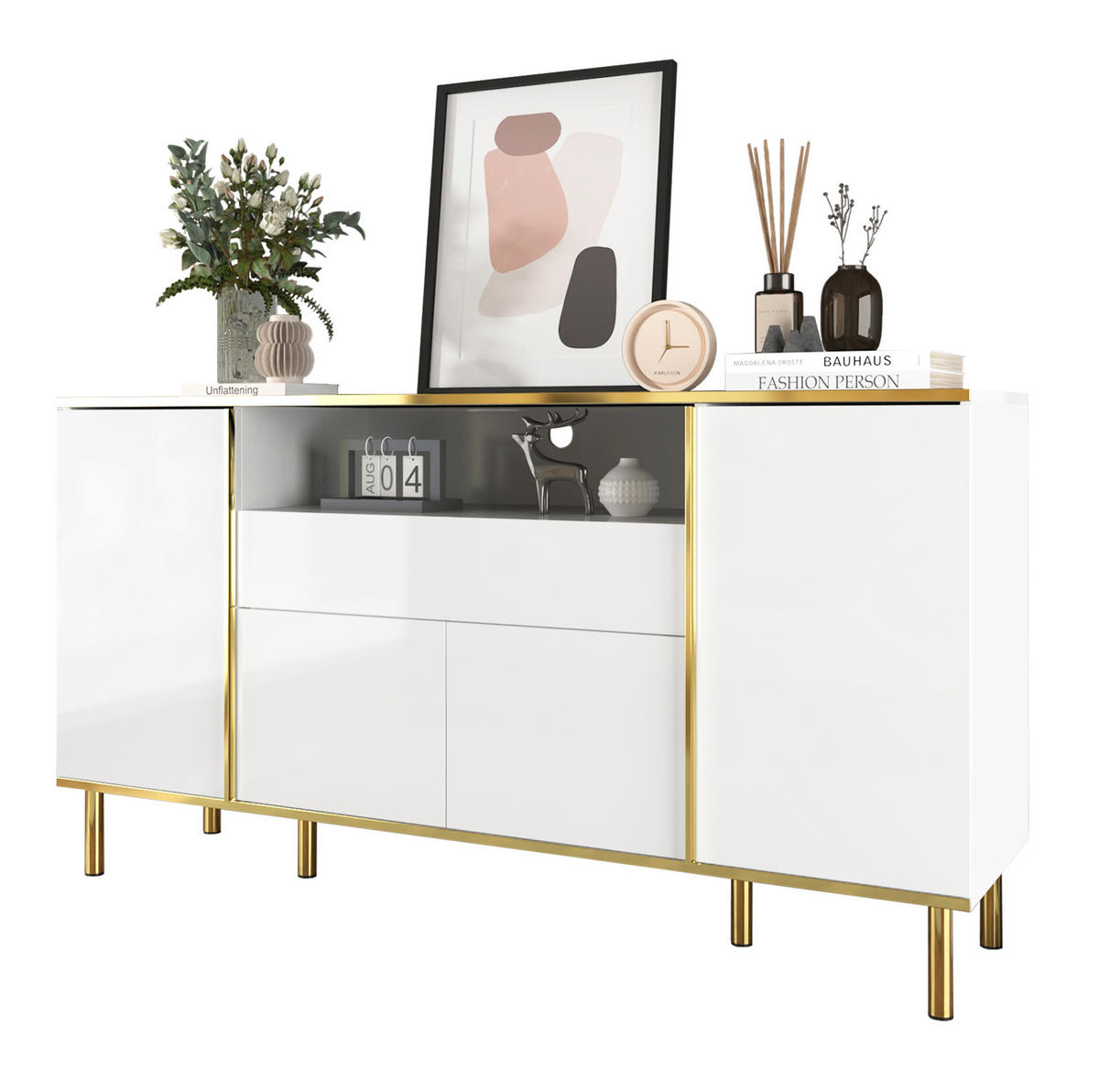SIDEBOARD aus MDF und Spanplatte 150x40x80 cm Weiß Hochglanz mit LED-Beleuchtung und Stauraum - Weiß, Holzwerkstoff (150/80/40cm) - IVMEU
