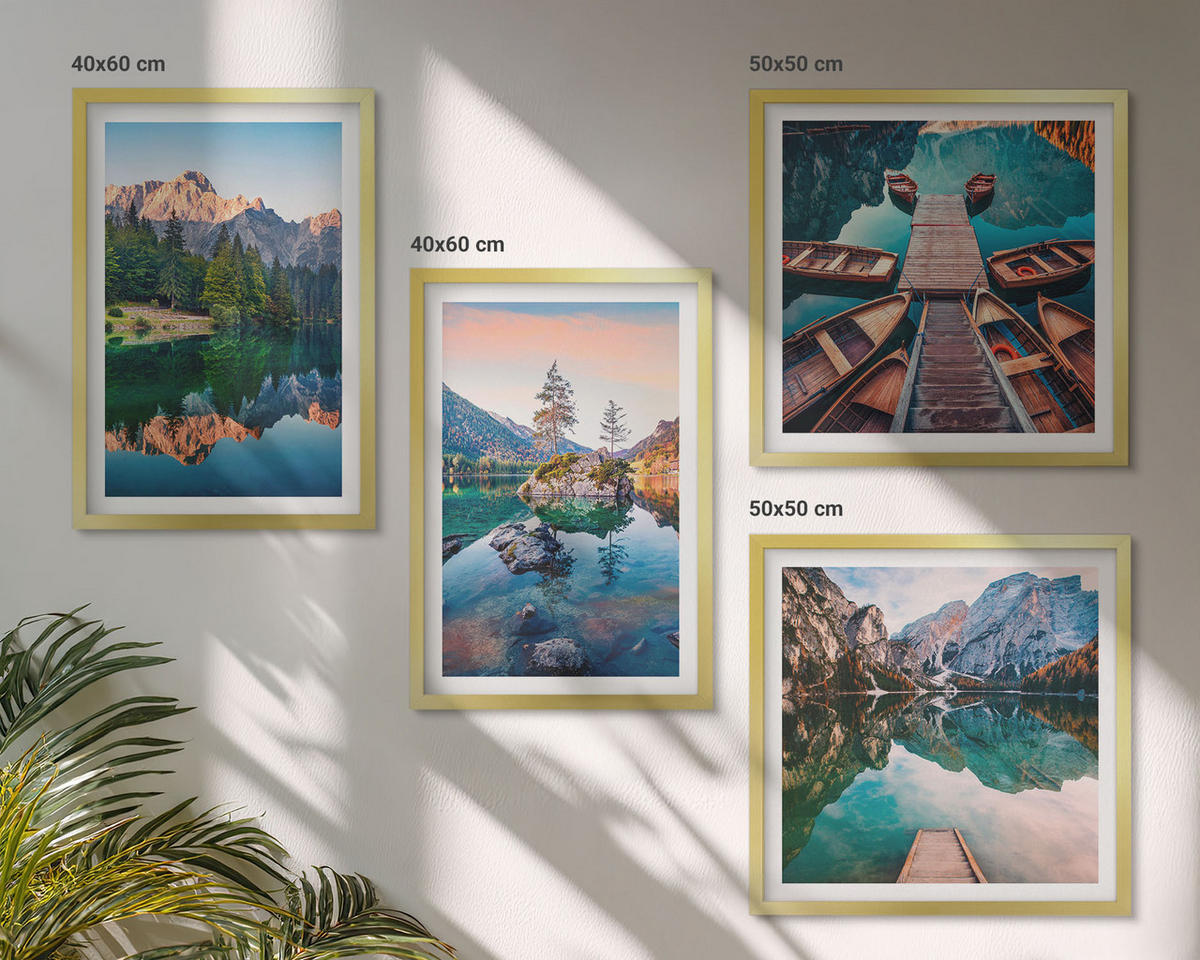 BILDER SET 4er Set - 50x50 cm & 40x60 cm Goldrahmen - Spiegelung des Waldes in Bergseen - Goldfarben, Kunststoff (50/50cm) - TULUP