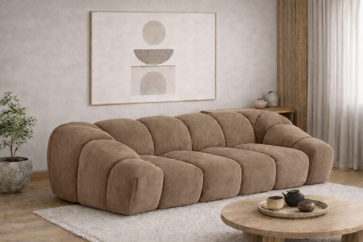 SOFA 3-Sitzer modular, Veloursstoff Bluvel, Latte, CROISSANT - Hellbraun, Holz (240/72/115cm) - Kaiser Möbel