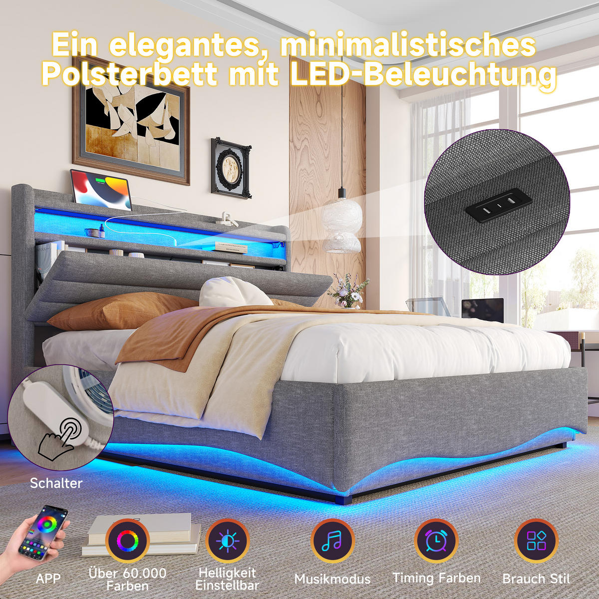 POLSTERBETT 140x200cm Grau LED Hydraulik USB Leinen - Grau, Holz (90/200cm) - FLIEKS