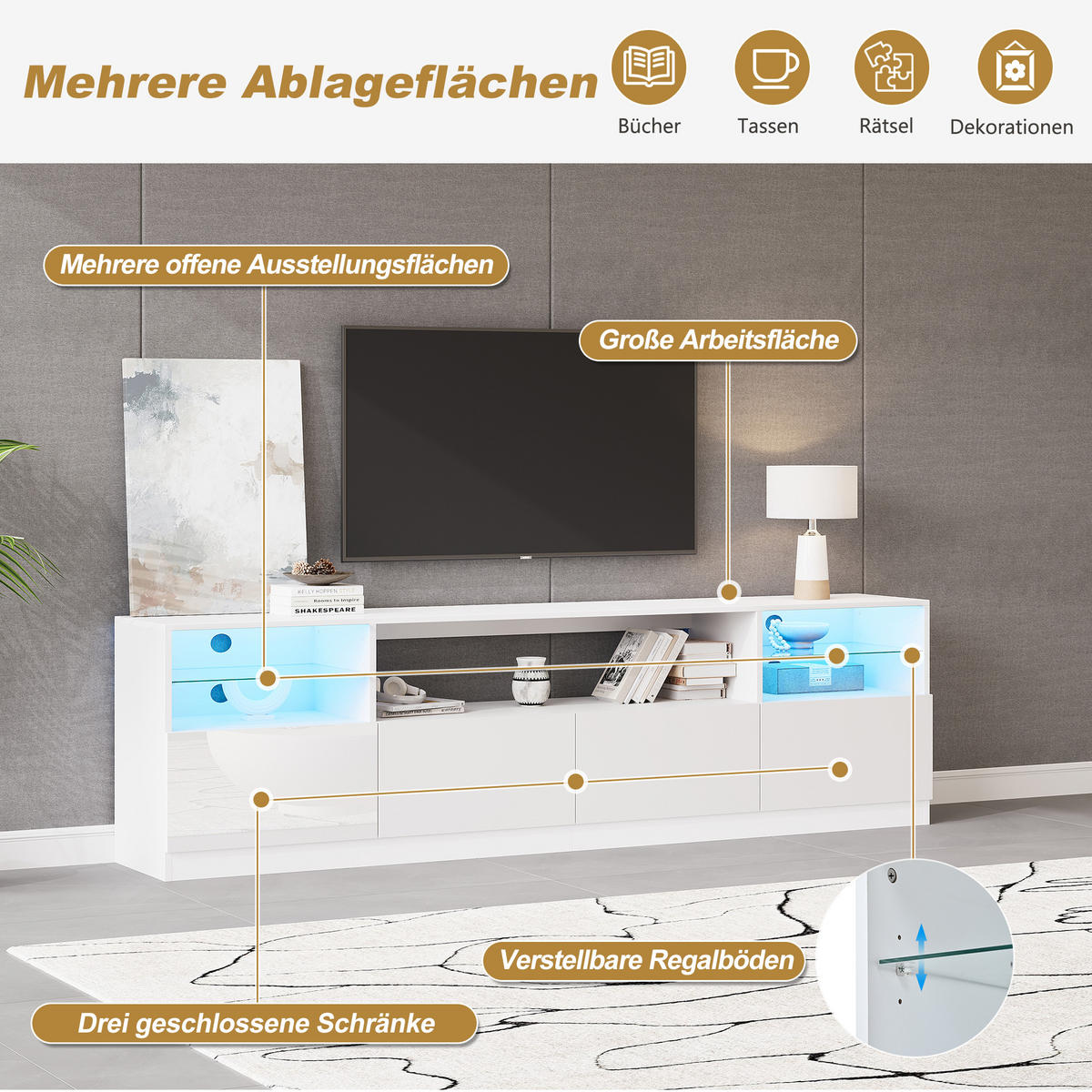 TV-SCHRANK LED Beleuchtung Hochglanz 4 Türen 8 Fächer 75 Zoll Weiß - Weiß, Holzwerkstoff (180/60/35cm) - FLIEKS