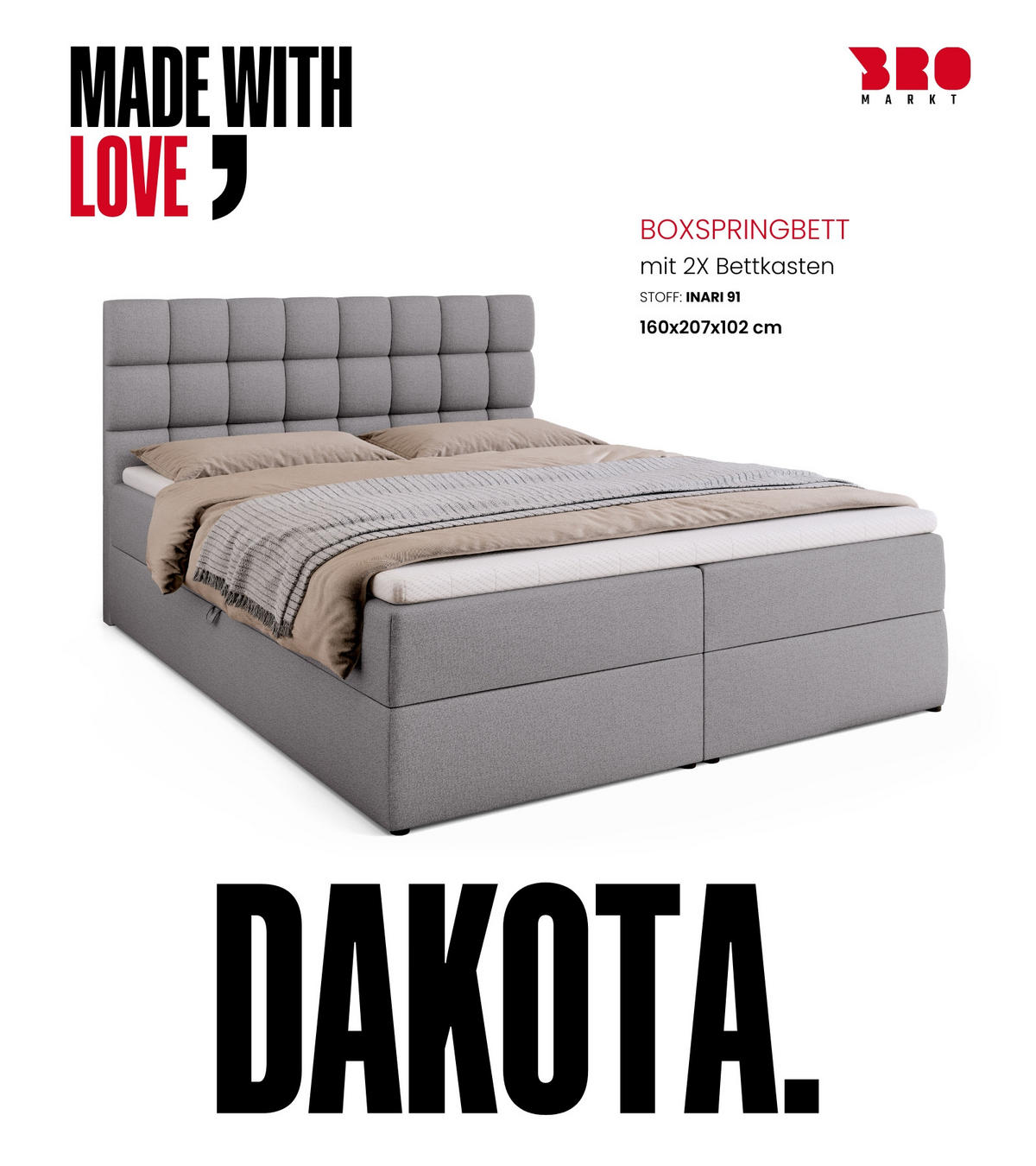 BOXBETT Dakota mit Topper 160/200 Grau - Grau, Textil (160/200cm) - Bromarkt