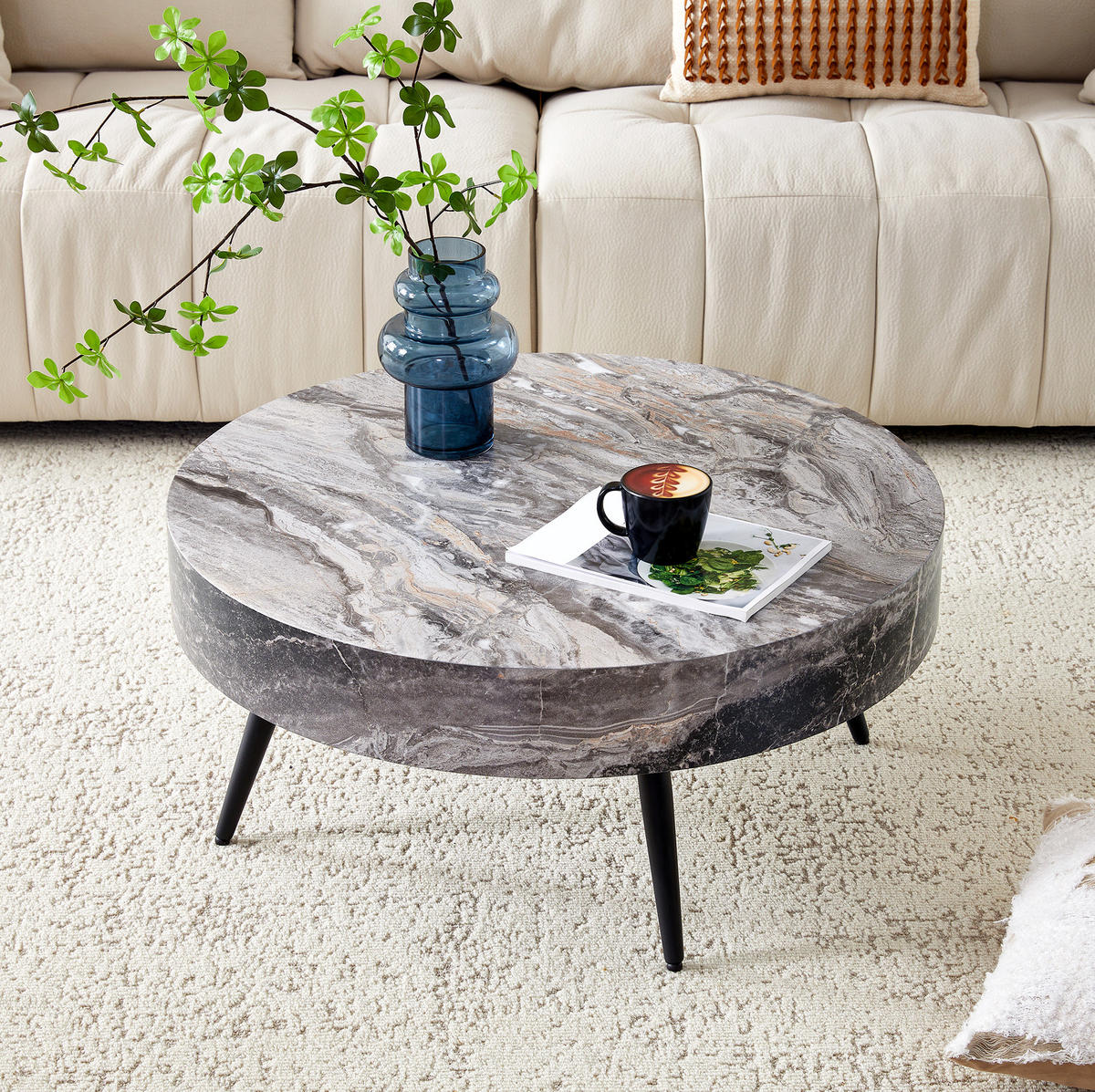 COUCHTISCH 70 cm grau in Marmoroptik mit Metallgestell - Schwarz, Holzwerkstoff (70/70/35.5cm) - Flora Grace