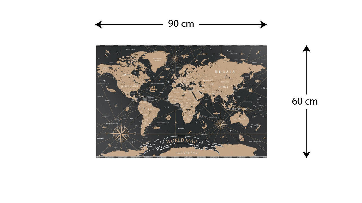 METALBOARD WELTKARTE VINTAGE 90x60cm + Zubehör-Set - Schwarz, Metall (90/60/1.8cm) - ALLboards