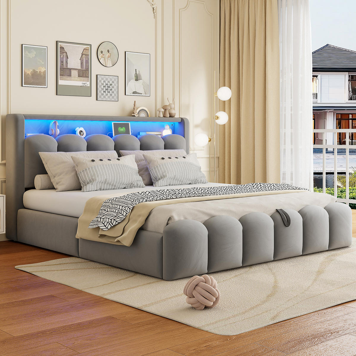 POLSTERBETT 180x200 cm LED USB Stauraum grau - Grau, Textil (180/200cm) - LEBENLANG