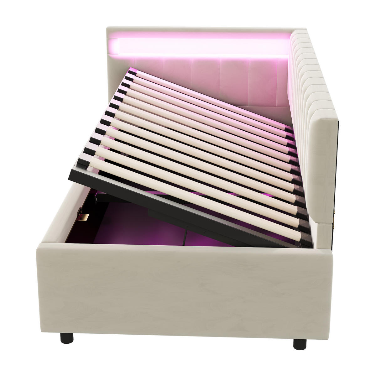 STAURRAUMBETT 90/200 cm DE-01966, in Beige, mit LED, Hydraulik und Streifendesign - Beige, Holzwerkstoff (90/200cm) - ComfortXL