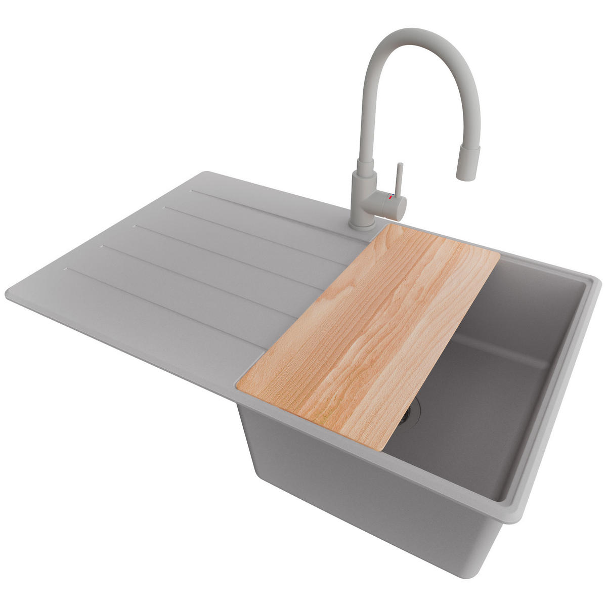 GRANITSPÜLE Kopenhagen, 2-er set Grau 78/50 cm 1 Becken + Küchenarmatur 38/14 cm + Ablauf-Set + Schneidebrett ab 45er Unterschrank - Beige/Grau, Kunststoff (78/20/50cm) - Primagran