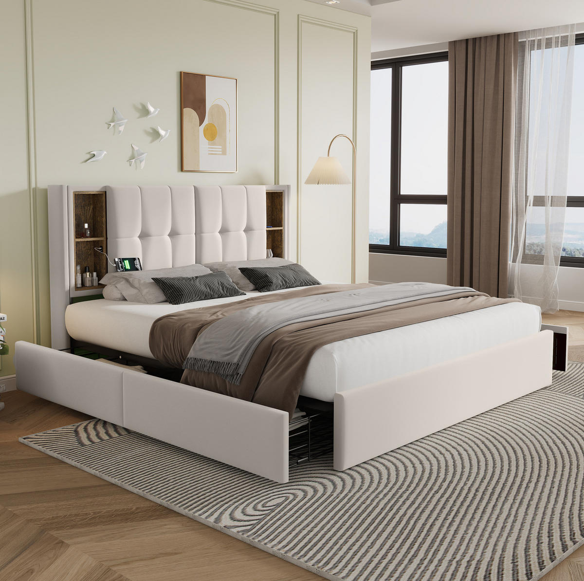 POLSTERBETT mit Matratze 160/200 cm mit kabellosem Laden, USB-C, 4 Schubladen und Matratze, Samt, Beige - Beige, Textil (160/200cm) - Redom
