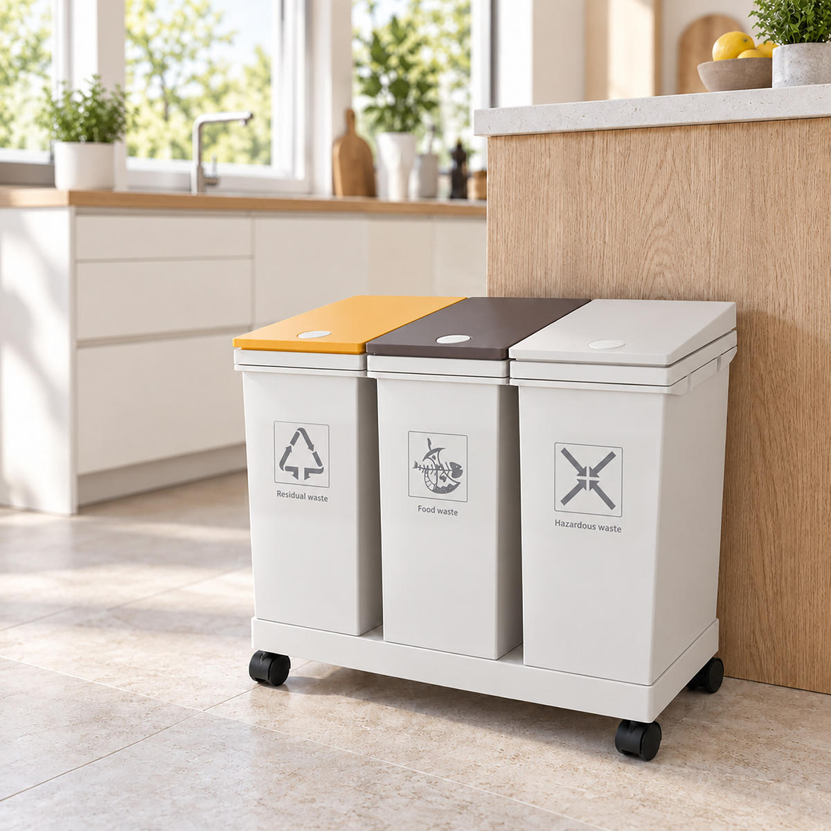 PUBELĂ Albă plastic cu roți 3 compartimente 3x 12 l - alb, material plastic (51/43/28cm) - Relaxdays