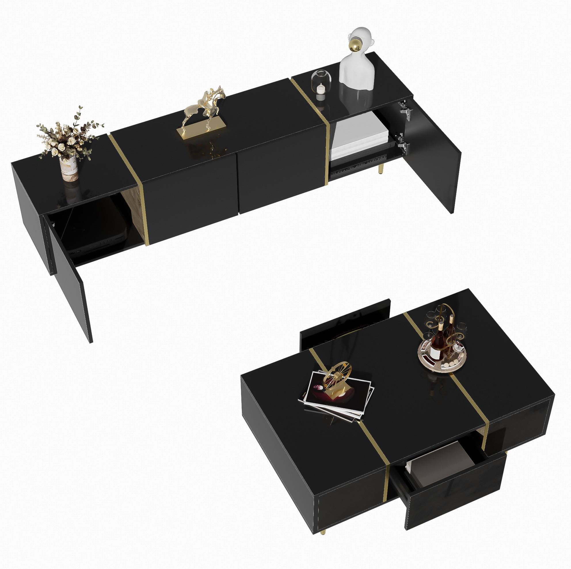 TV-SCHRANK-SET mit Couchtisch 170 cm/100 cm MDF Schwarz Hochglanz 2-tlg. - Schwarz, Holzwerkstoff (60/41.5/100cm) - Beauniv