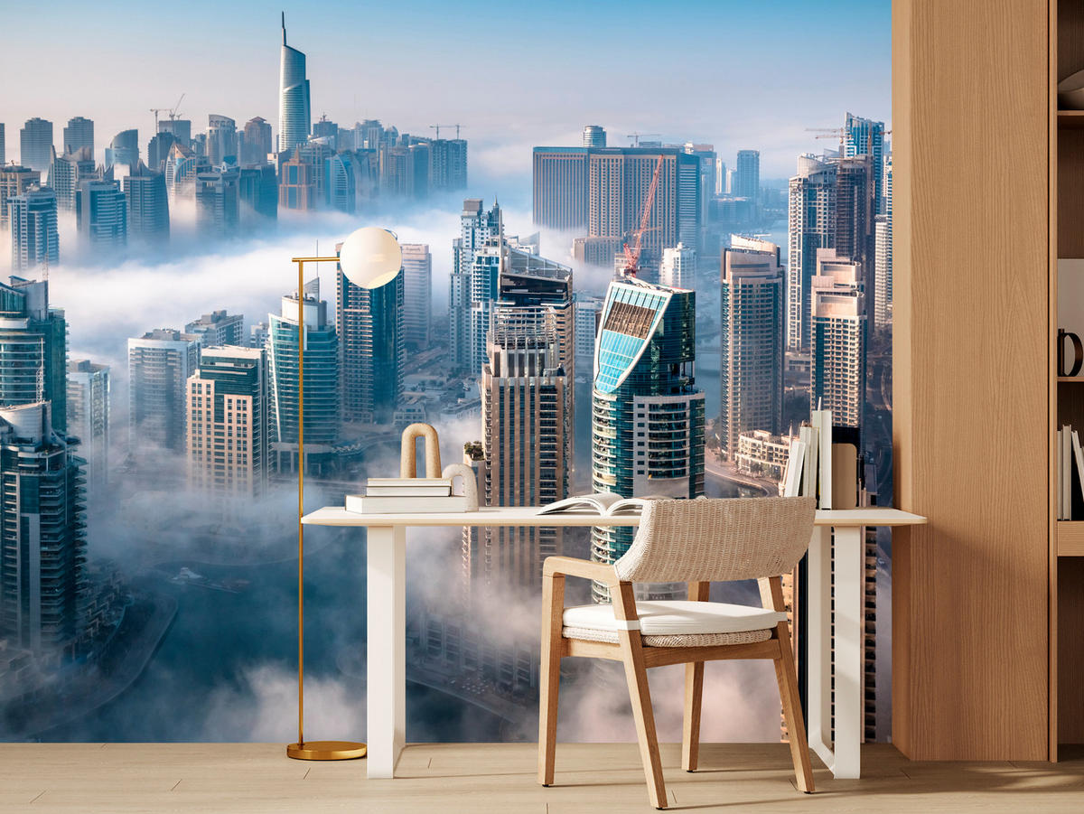 FOTOTAPETE für Büro Dubai Nebel Wolkenkratzer Skyline Panorama 500x350 - Blau/Beige, Papier (500/350cm) - Muralo