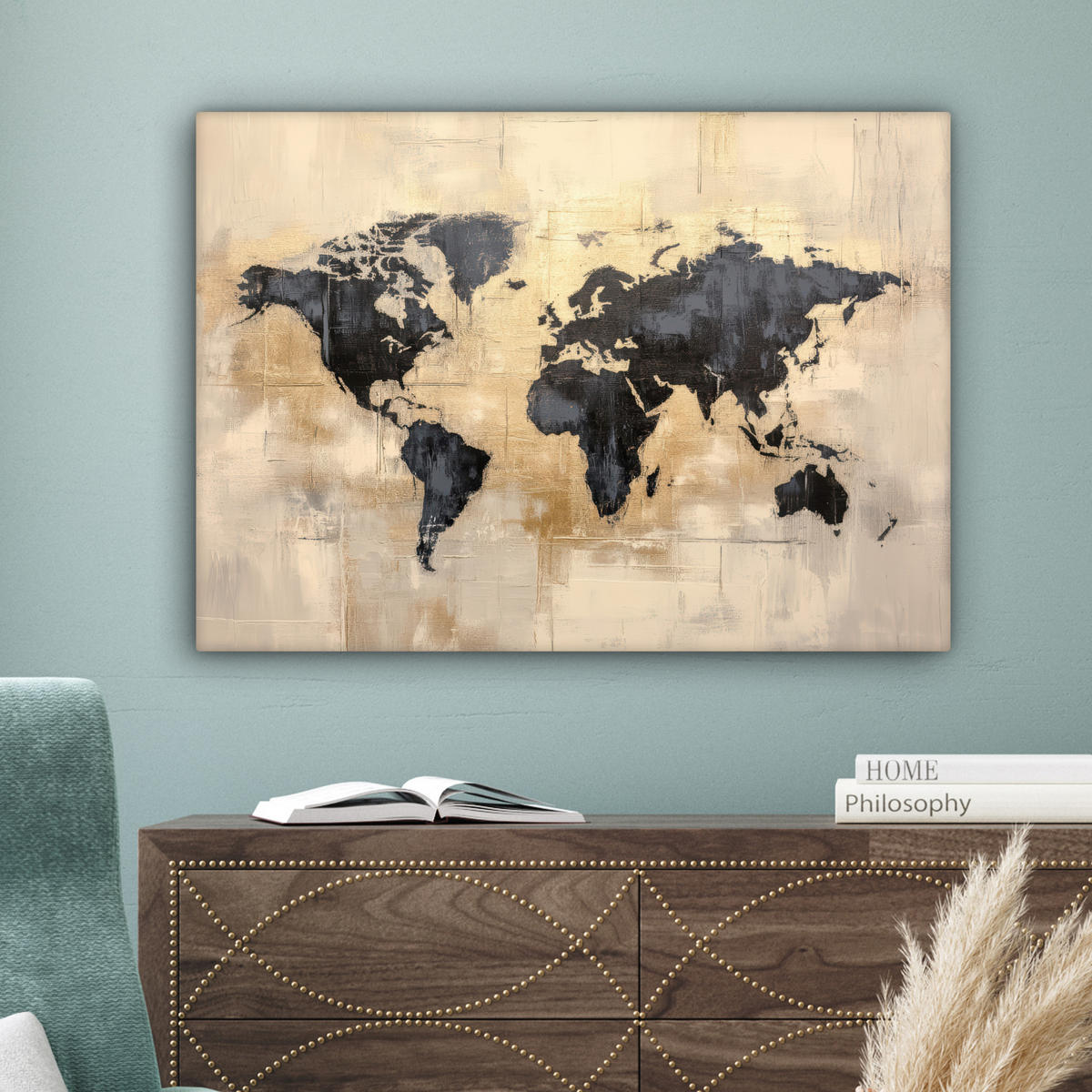 LEINWANDBILD Weltkarte - Gold - Schwarz - Abstrakt Wandbilder 80x60 cm - Kupferfarben, Textil (80/60cm) - MuchoWow