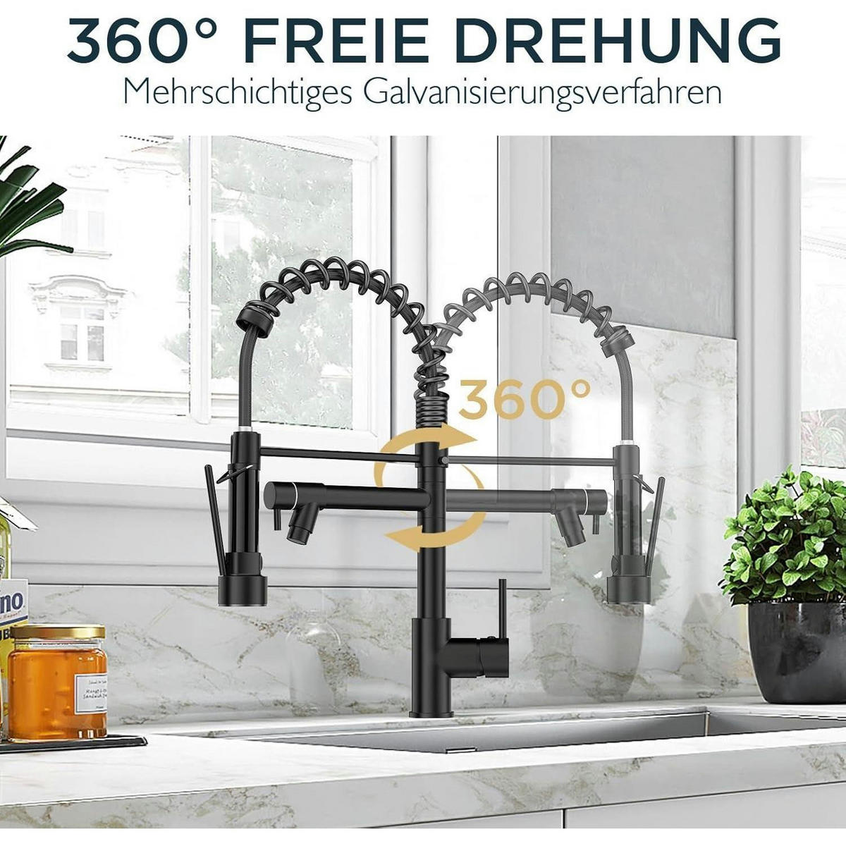 KÜCHENARMATUR Schwarz 360° Schwenkbar mit Doppelspray - Schwarz, Metall (10.7/44.2/20.5cm)