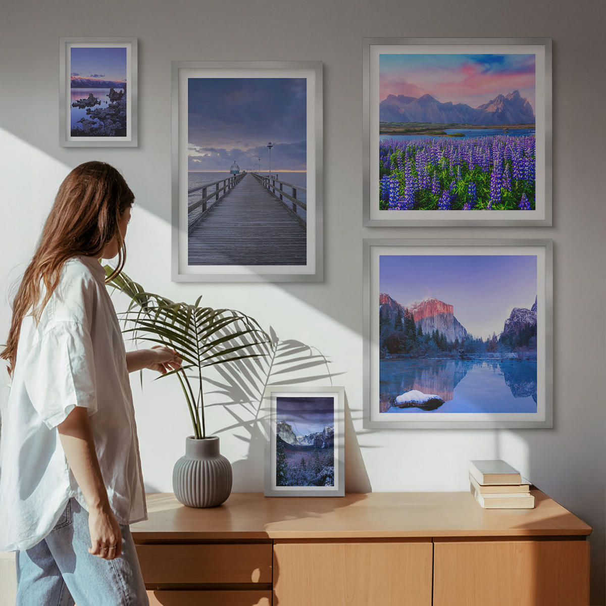 WANDBILDER 5er Set - 50x50 cm & 20x30 cm & 40x60 cm Silberner Rahmen - Berglandschaften, Wasser, Blumenfeld - Silberfarben, Kunststoff (40/60cm) - ArtPrintCave