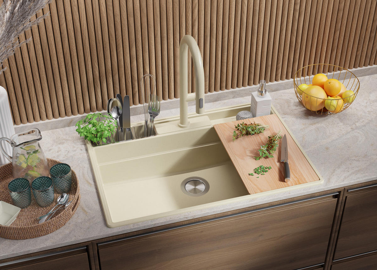 GRANITSPÜLE New York, 2-er set Beige 78/53 cm 1 Becken + Küchenarmatur 32/20 cm + Ablauf-Set + Küchenzubehörset ab 80er Unterschrank - Chromfarben/Beige, Kunststoff (78/20/53cm) - Primagran