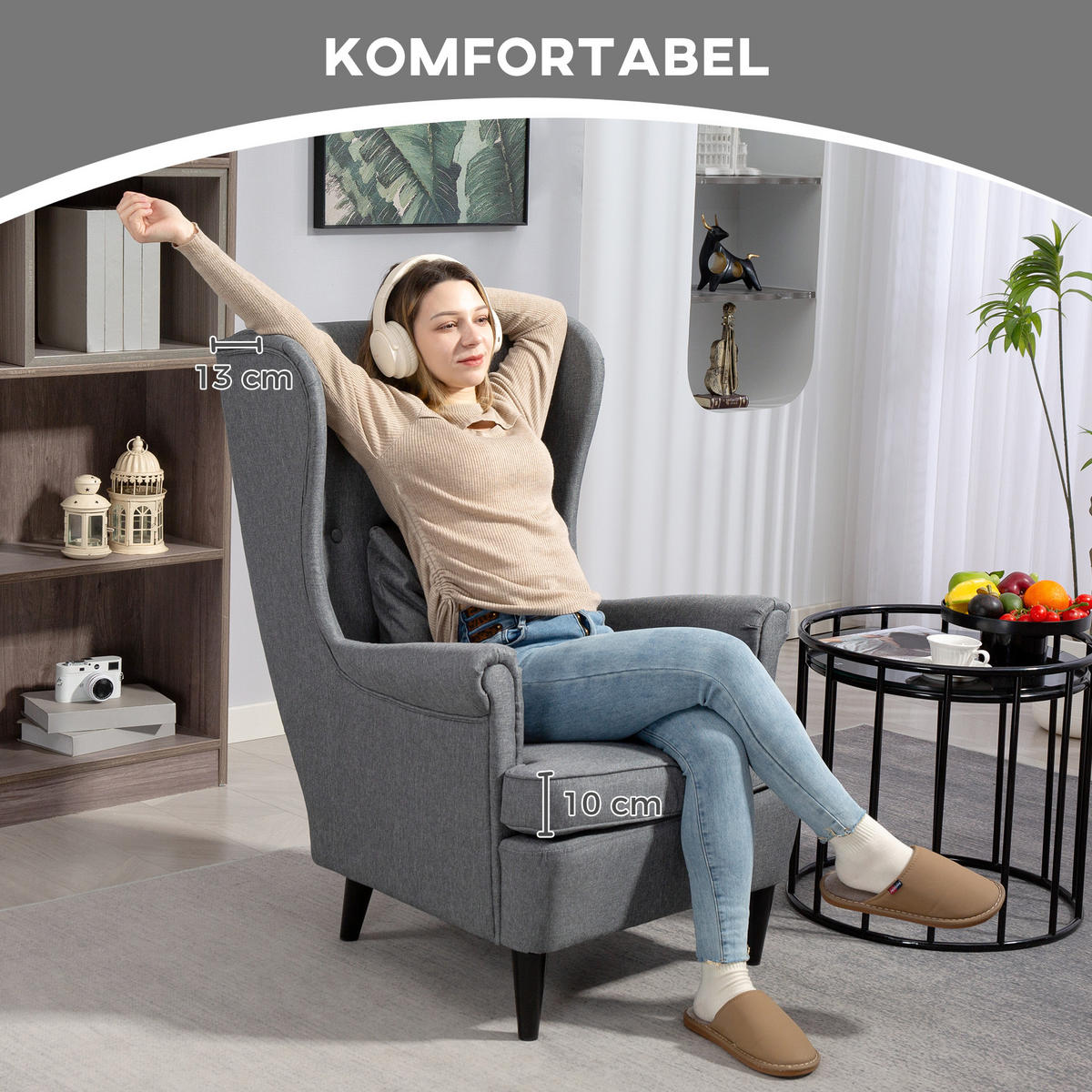 OHRENSESSEL mit Hocker Sessel mit Leinenoptik, Lendenkissen für Wohnzimmer Grau - Grau, Kunststoff (75/104/83cm) - HOMCOM