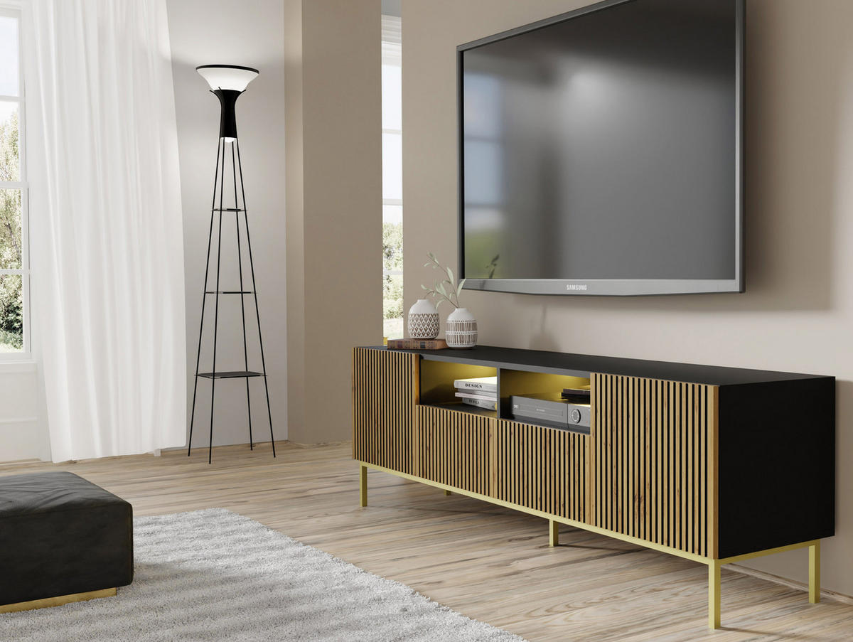 TV LOWBOARD Schwarz, Artisan-Schwarz, Gold 200/58/42 - Goldfarben/Schwarz, Holzwerkstoff (200/58/42cm) - RAUMHIRSCH FURNITURE