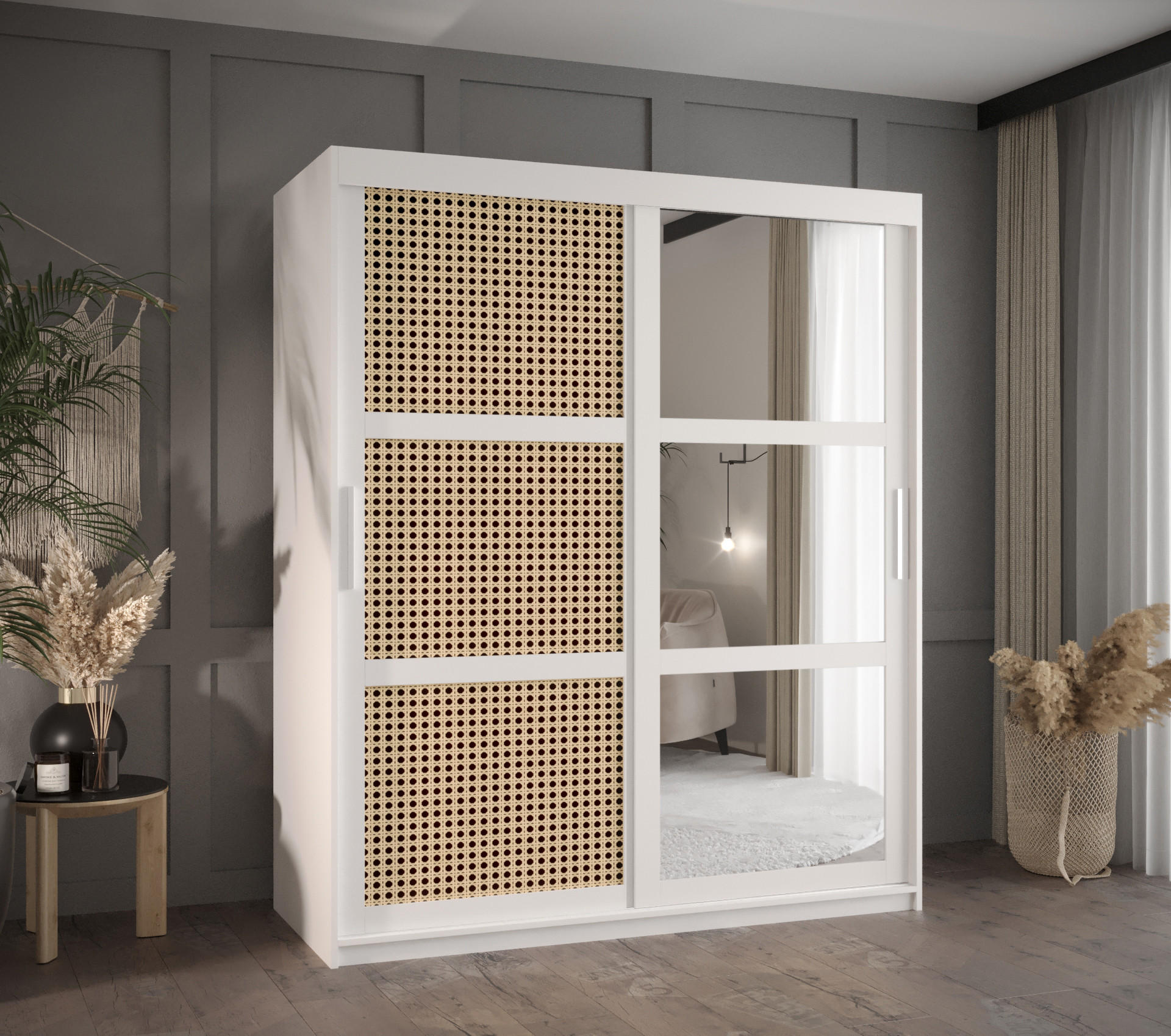 SCHWEBETÜRENSCHRANK 200/150/62 2-türig - Silberfarben/Weiß, Holz/Kunststoff (150/200/62cm) - MÖBEL KRYSPOL