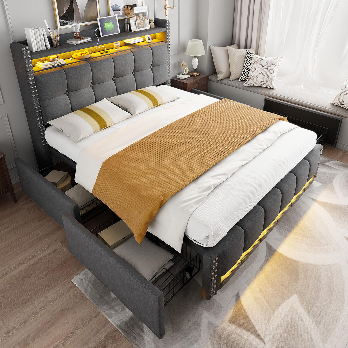 POLSTERBETT 140/200 cm grau mit LED-Beleuchtung und USB-Steckdose - Grau, Textil (140/200cm) - OKWISH