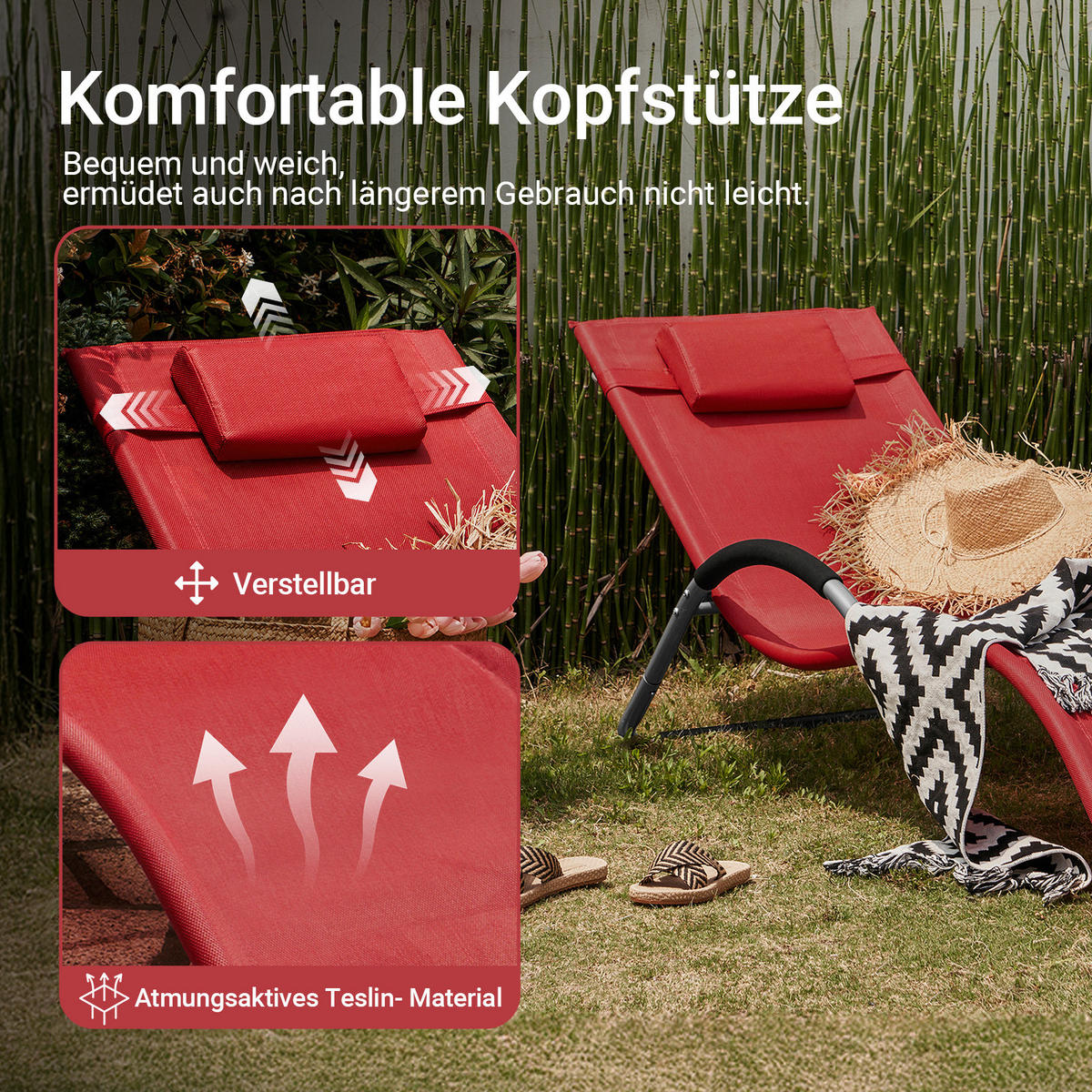 SONNENLIEGE Rot - Rot, Metall (56/67/165cm) - SoBuy