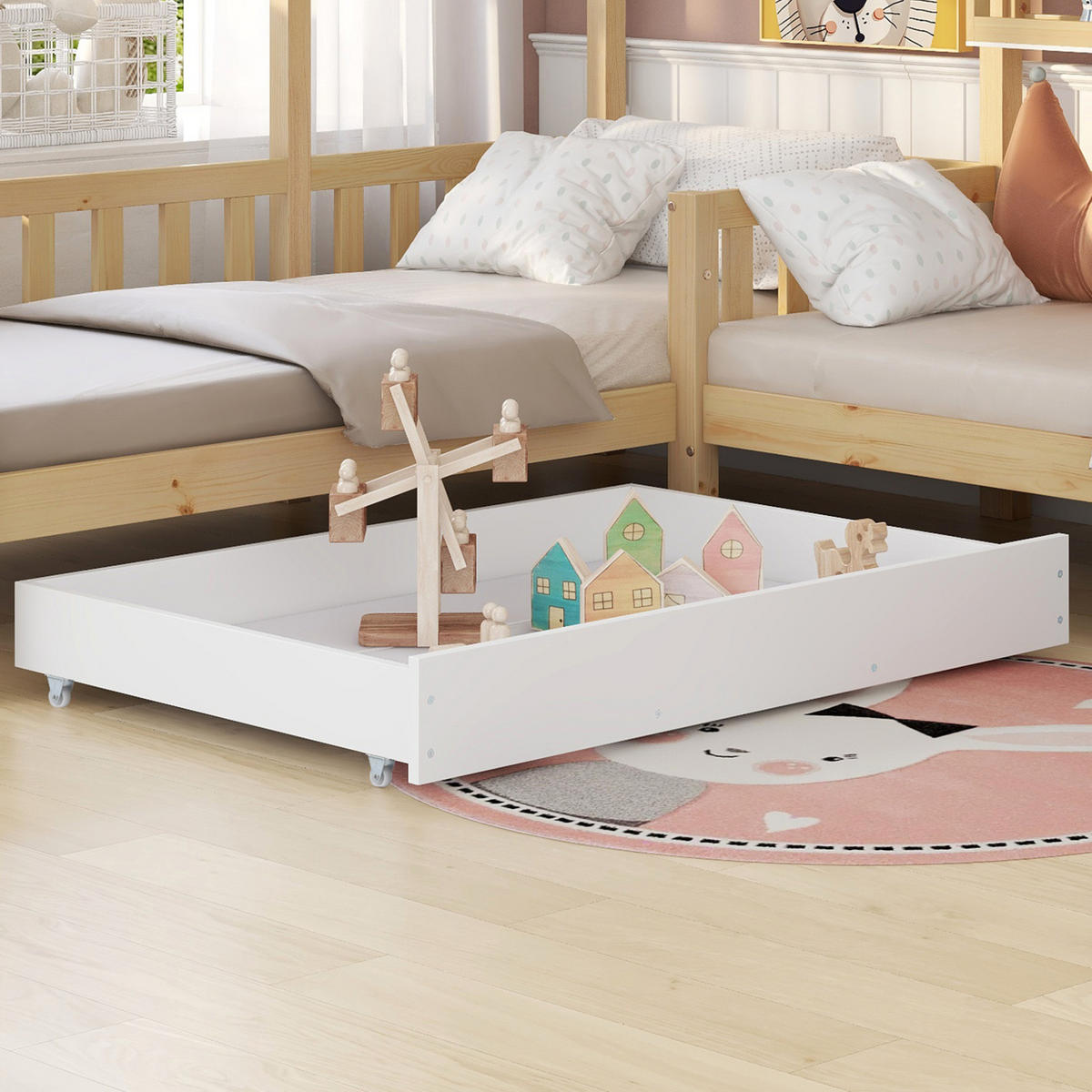 HAUSBETT 90/200 cm mit Seitenliege 140/70 cm, Schublade und Regalen, Natur - Naturfarben, Holz (90/200cm) - Flora Grace
