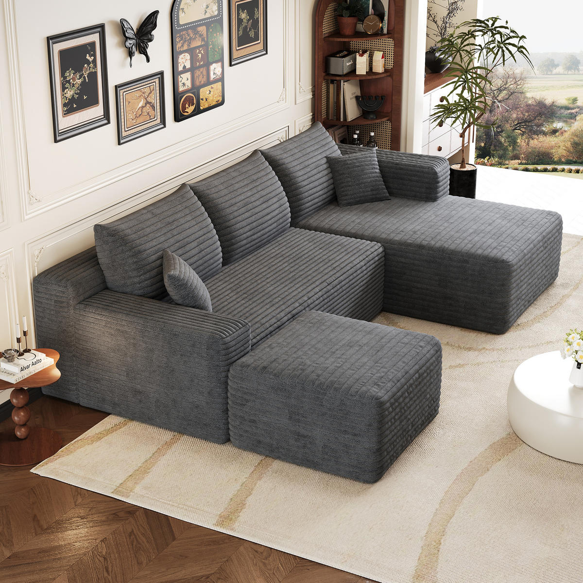 WOHNLANDSCHAFT Cord Dunkelgrau - Grau, Textil (241/58/151cm) - WISHDOR