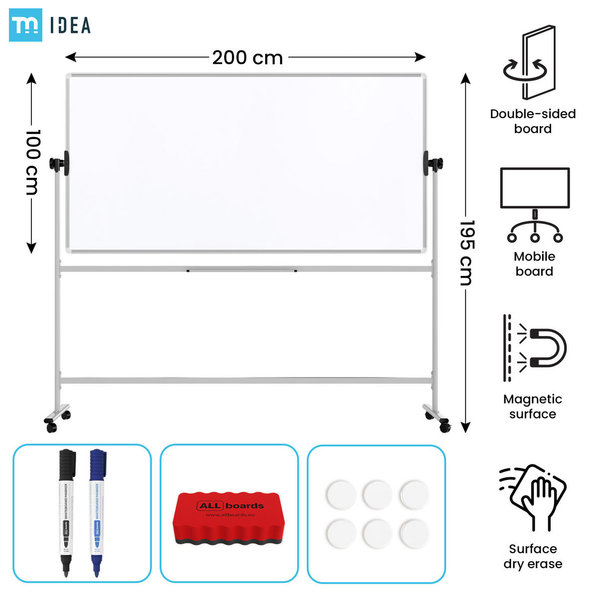 MOBILES Board, Serie: TM Idea/Flex – mit doppelseitiger Whiteboard-Oberfläche, drehbar, 200x100 cm - Weiß, Metall (200/100/62cm) - ALLboards