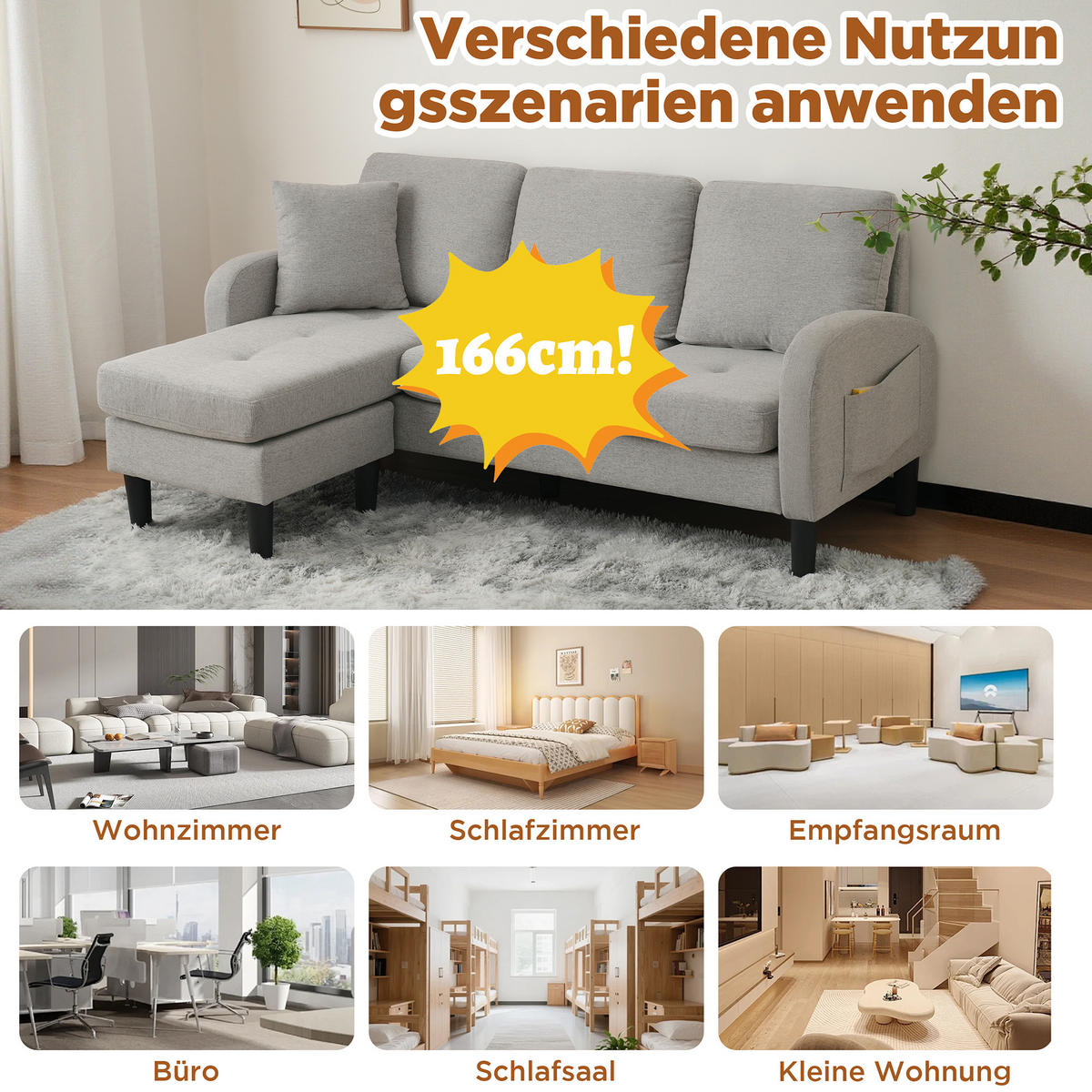 ECKSOFA 3-Sitzer Sofa, Rückenkissen, Schlaffunktion, Baumwoll-Leinenstoff, 166 x 118 x 77 cm - Grau, Textil (118/166cm) - Kaket