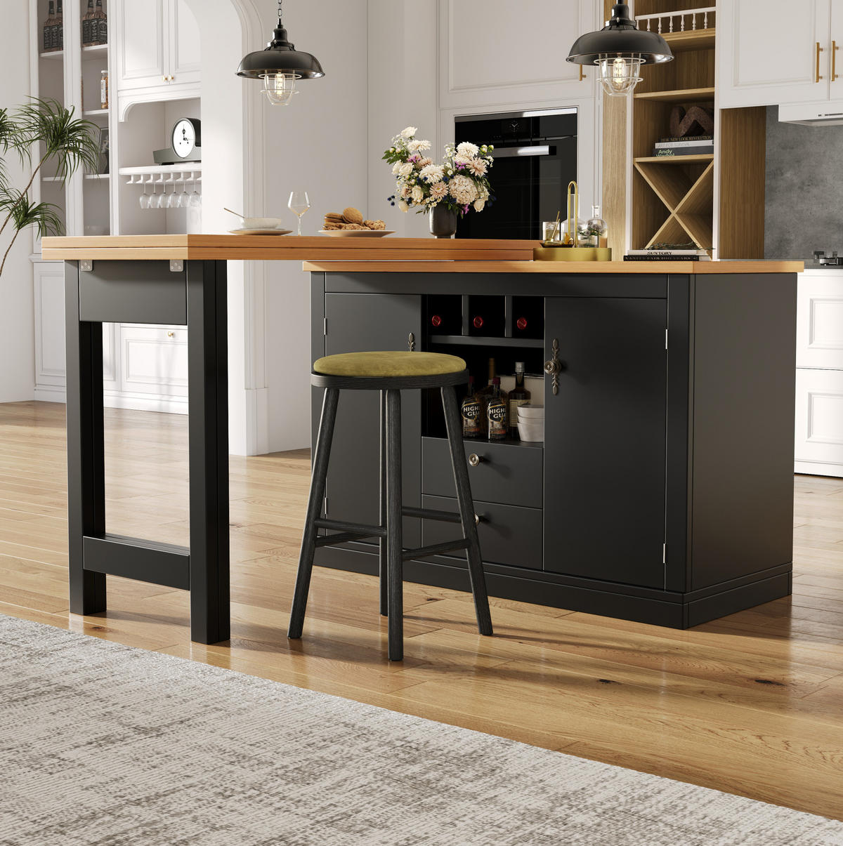 BARTISCH ausziehbar 120-180 cm mit Stauraum MDF Schwarz/Natur - Schwarz, Holzwerkstoff (40/76/180cm) - Meubliv