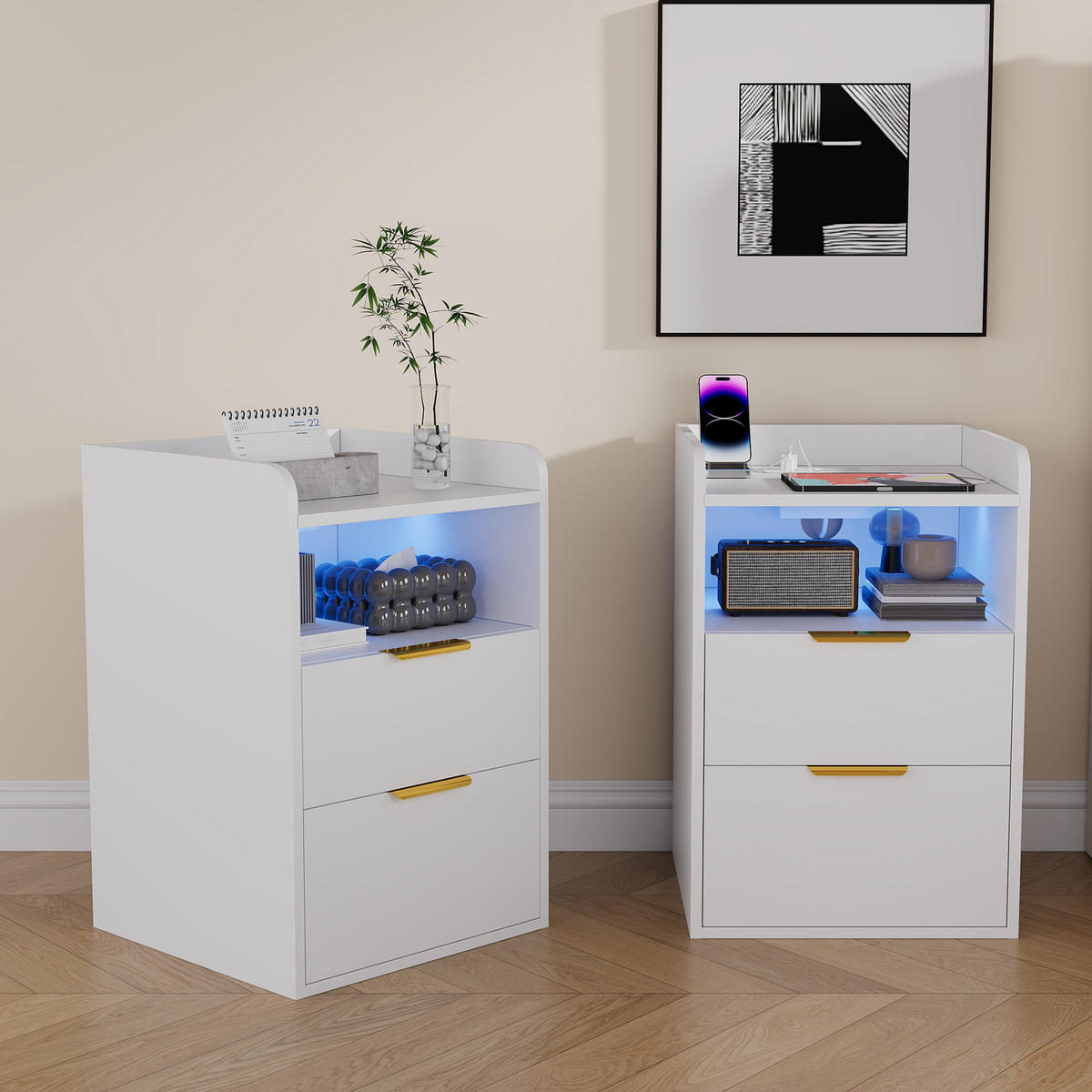 NACHTTISCH Weiß mit 2 Schubladen, Bettseittisch mit LED-Beleuchtung und Ladeanschlüssen, 40/40/60 cm - Goldfarben/Weiß, Holz/Metall (40/60/40cm) - BPKADHY