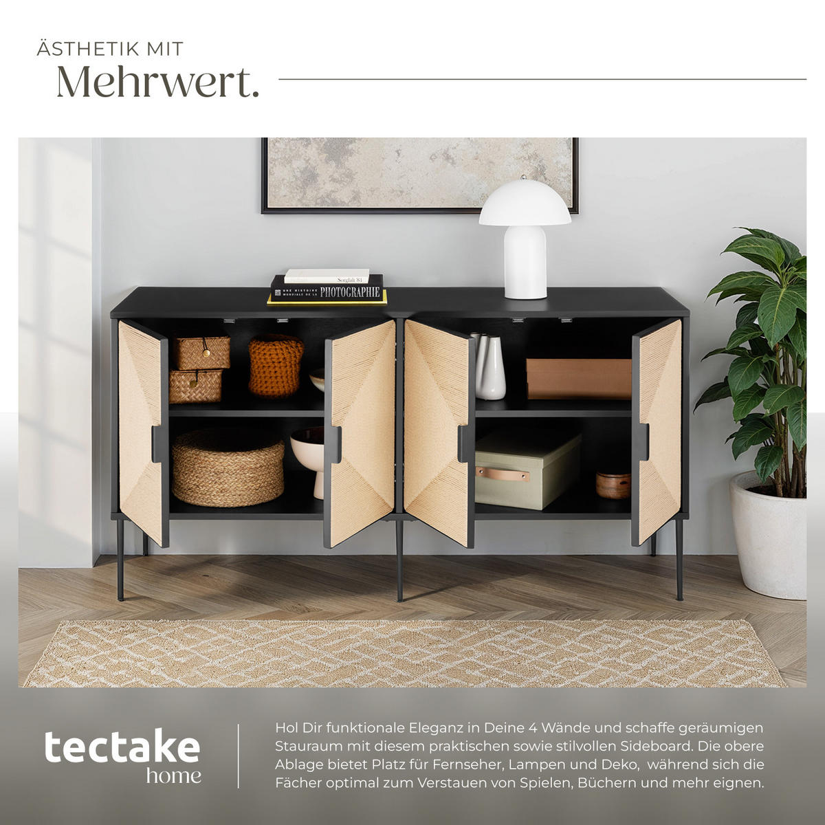 SIDEBOARD Juna,150 x 47 x 77 cm, höhenverstellbare Füße,schwarz/braun - Schwarz/Braun, Holz (150/77/47cm) - tectake