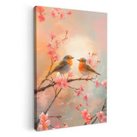 LEINWANDBILD Rotkehlchen - Zierpflanze - Blütenzweig 40x60 cm - Hellrosa, Textil (40/60cm) - MuchoWow