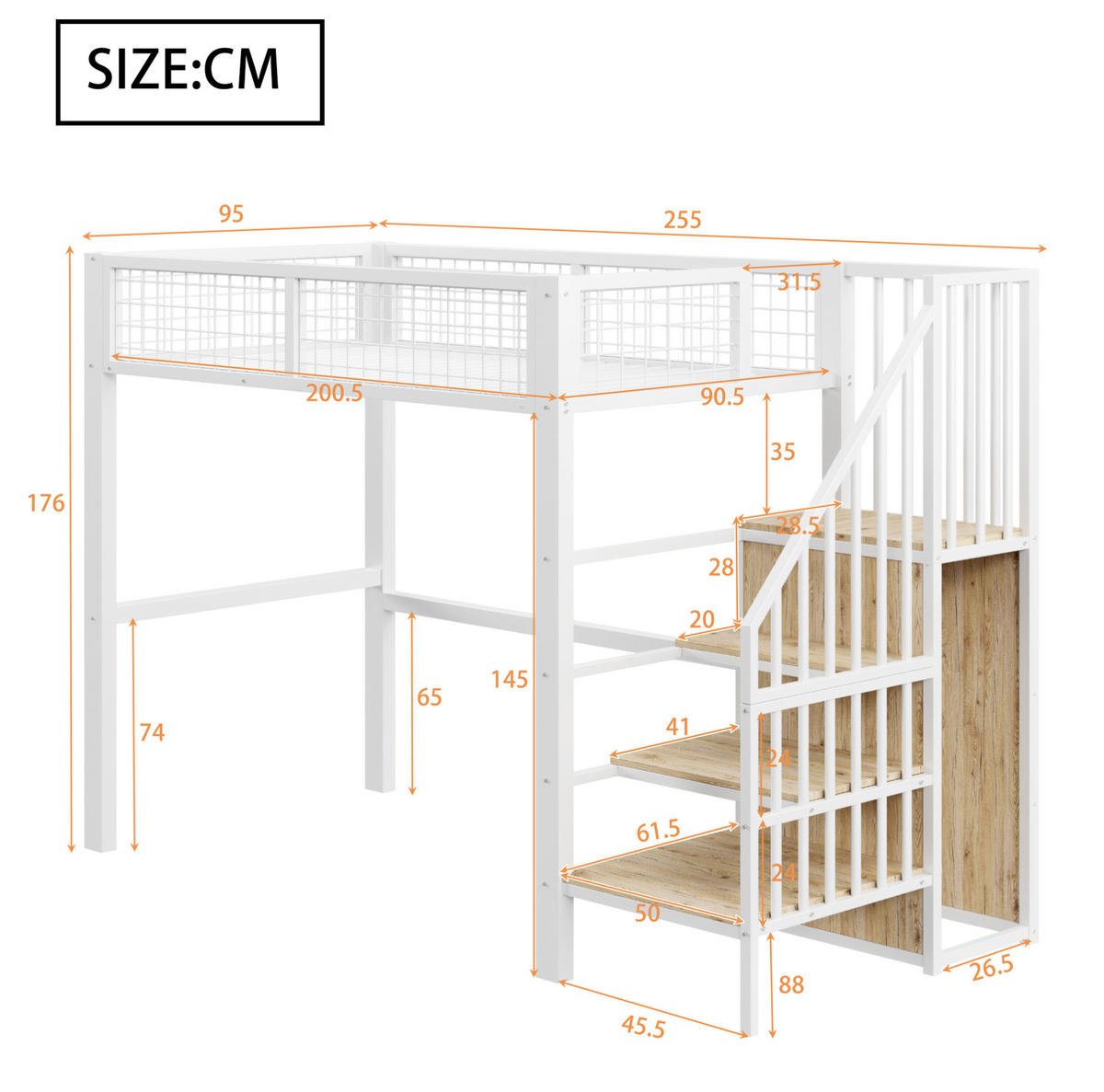 HOCHBETT Metall 90/200 cm mit Sicherheitsleiter, Kleiderschrank und Stauraum, Weiß - Weiß, Metall (90/200cm) - Redom