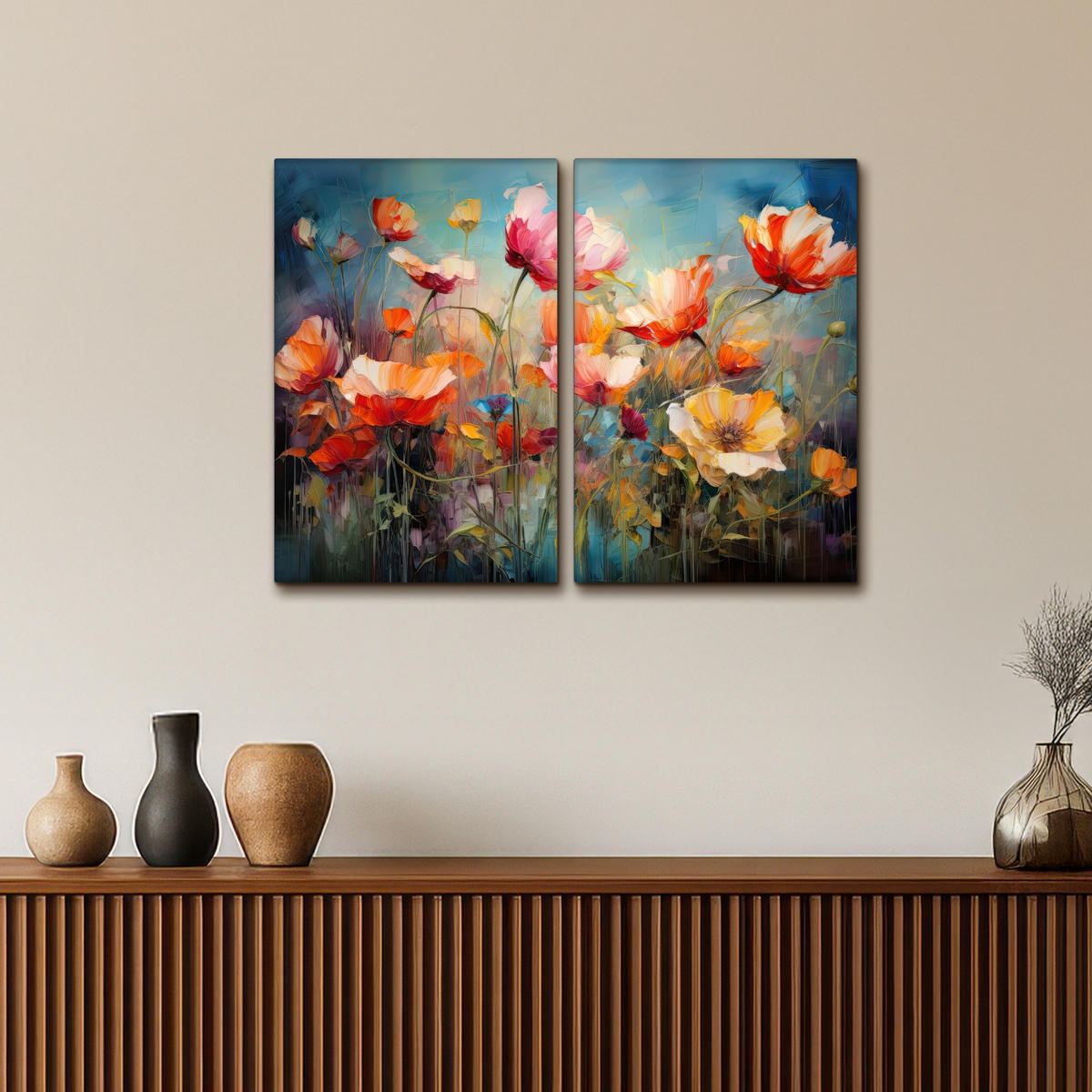 LEINWANDBILD 2er Set Blumen - Bunt - Abstrakt 80x60 cm - Blaugrau, Textil (80/60cm) - MuchoWow