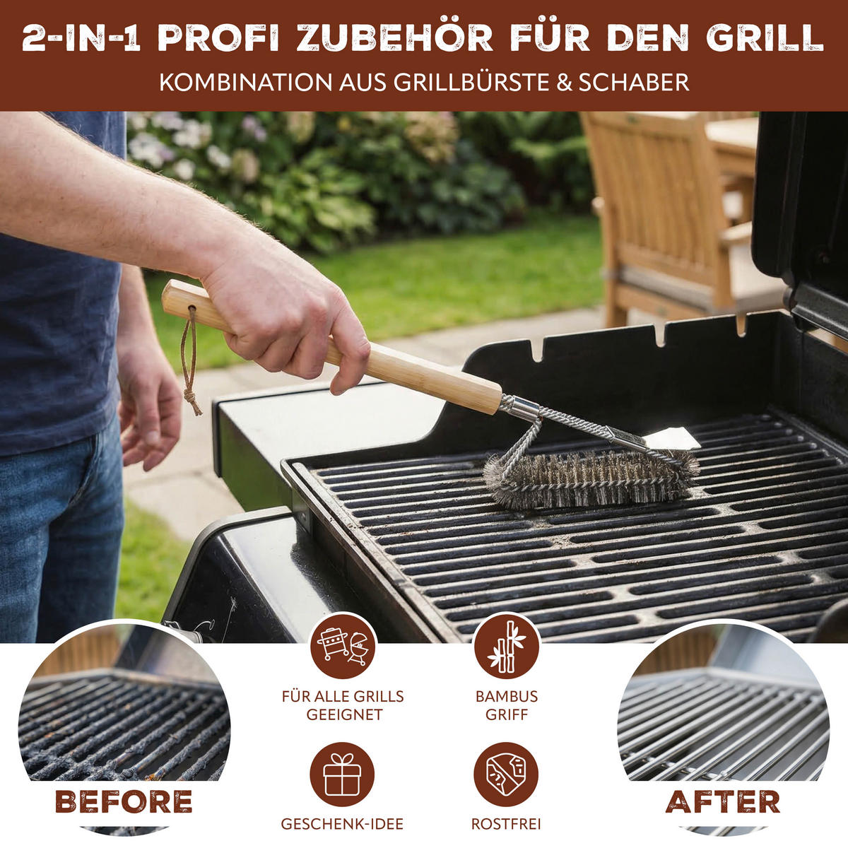 GRILLBÜRSTE, Edelstahl, Bambus - Edelstahlfarben, Metall (40cm) - eluno