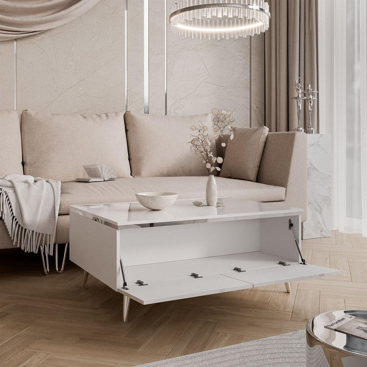 COUCHTISCH AURORA SILVER mit Stauraum und schrägen Beinen - Weiß Hochglanz/Silberfarben, Holzwerkstoff/Metall (60/90/41cm) - Lookway