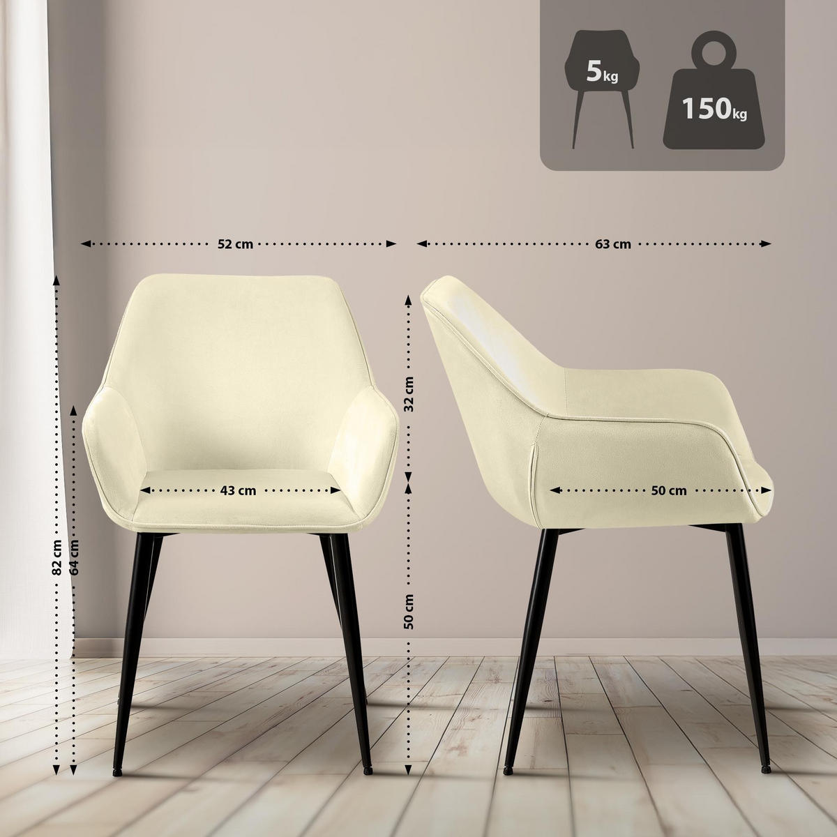 ESSZIMMERSTUHL Vessa 82x52x63 cm creme - Creme, Textil (52/82/63cm) - furnicato
