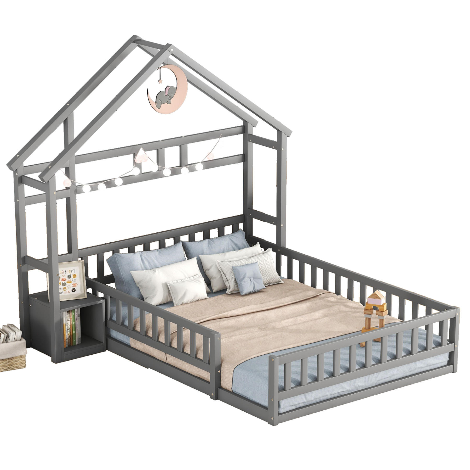 HAUSBETT 140/200 cm Grau aus Kiefernholz und MDF mit Geländer und Nachttisch - Grau, Holz (140/200cm) - OKMYHOME