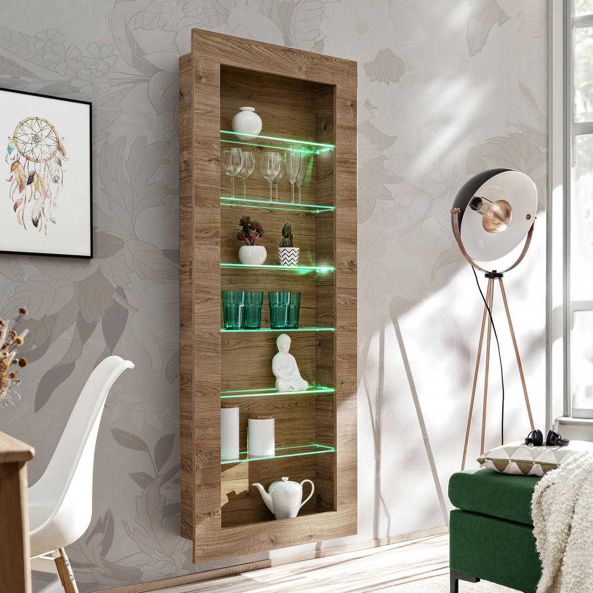 HÄNGEVITRINE COMO, sechs Glasböden, LED mehrfarbige Beleuchtung, Honigeiche/Trüffeleichefarben - Honigeiche/Trüffeleichefarben, Glas/Holzwerkstoff (71/178/19cm) - Komodee