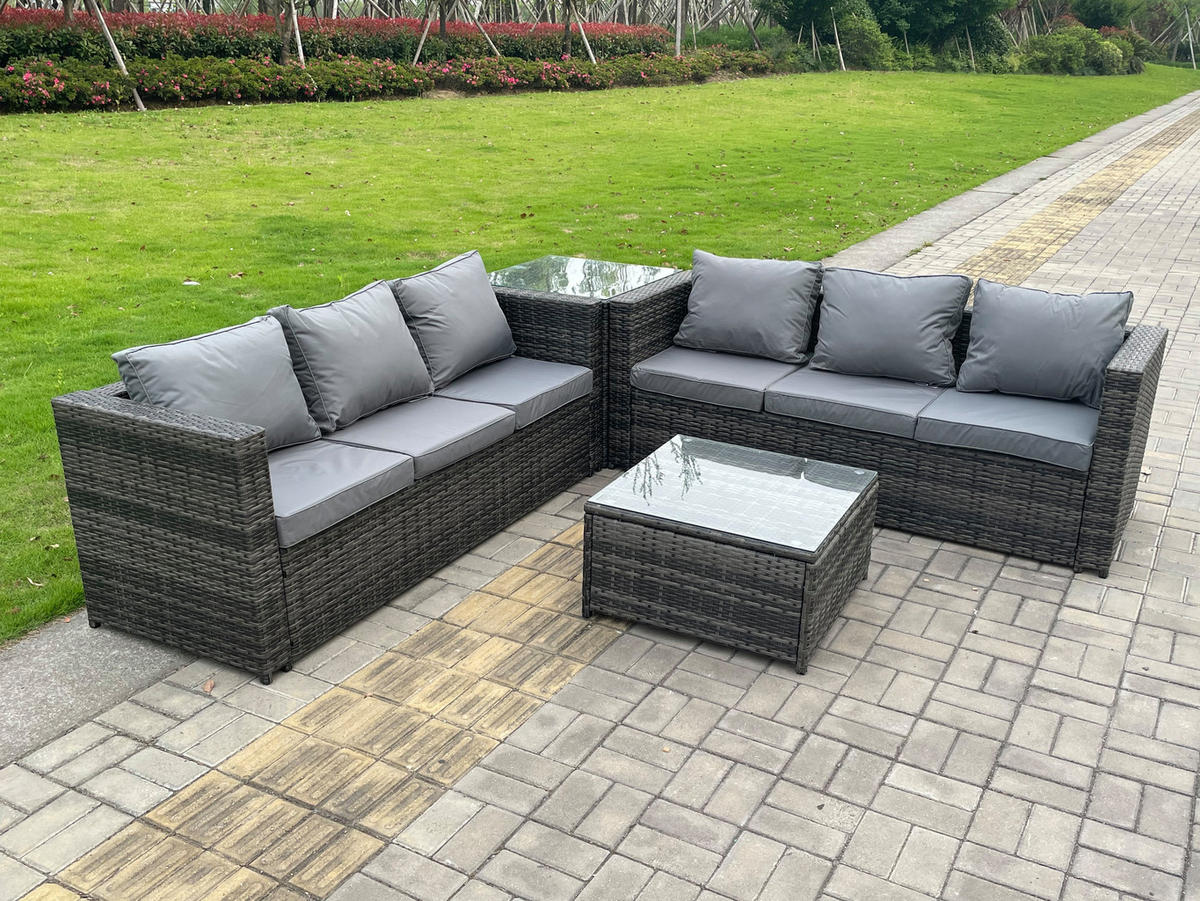 GARTENMÖBEL SET Polyrattan 6-Sitzer - Dunkelgrau/Grau, Glas/Kunststoff - Fimous
