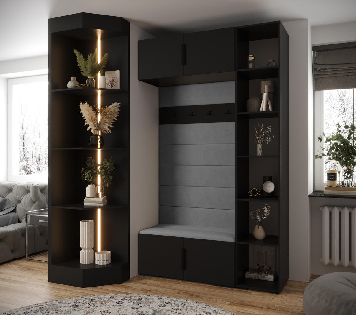 GARDEROBEN-SET 236,7/140/47 - Schwarz/Grau, Holz/Kunststoff (140/236.7/47cm) - Abiks Möbel