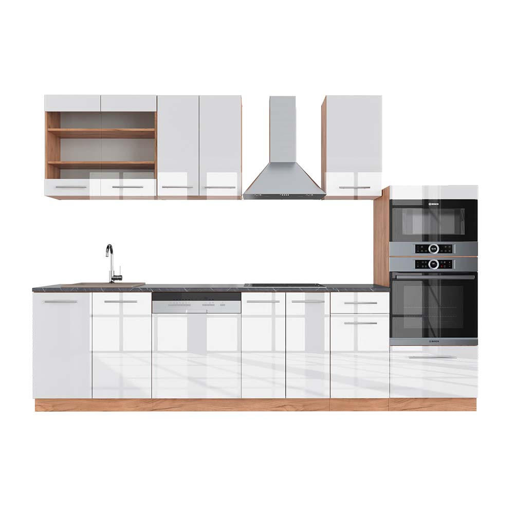 KÜCHENZEILE Fame-Line Weiß Hochglanz/Goldkraft Eiche 300 cm AP Anthrazit - Honigeiche/Weiß Hochglanz, Holzwerkstoff (300/81.6/60cm) - Vicco