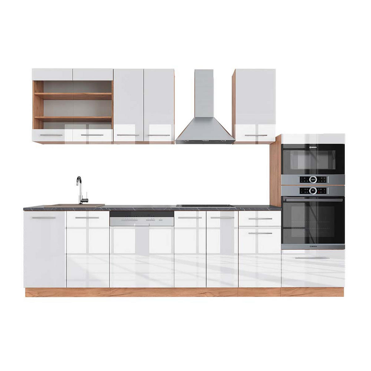 KÜCHENZEILE Fame-Line Weiß Hochglanz/Goldkraft Eiche 300 cm AP Anthrazit - Honigeiche/Weiß Hochglanz, Holzwerkstoff (300/81.6/60cm) - Vicco
