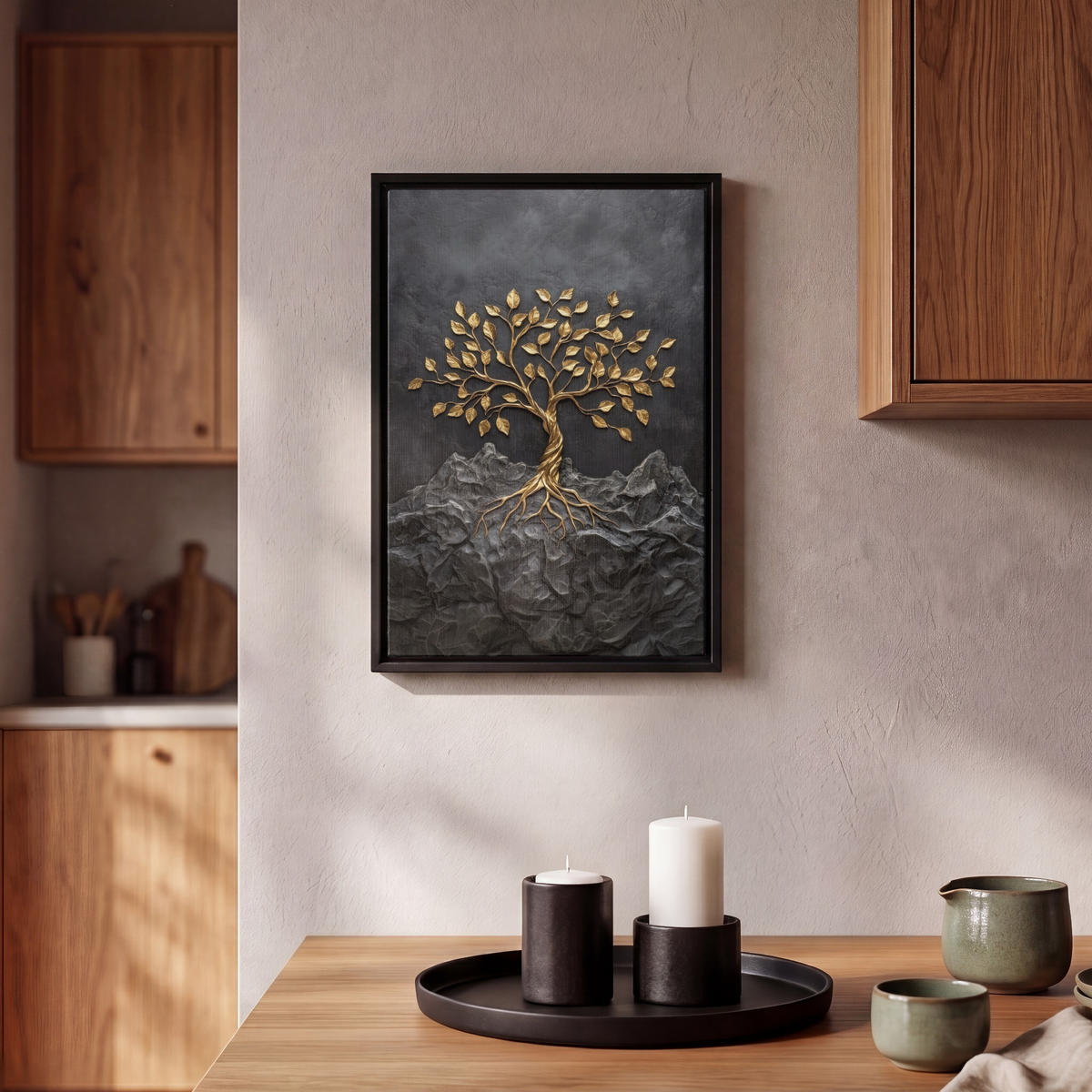 LEINWAND Bilder mit Rahmen - Blätter - Gold - Baum - Fels - 20x30 - Schwarz, Textil (20/30cm) - MuchoWow
