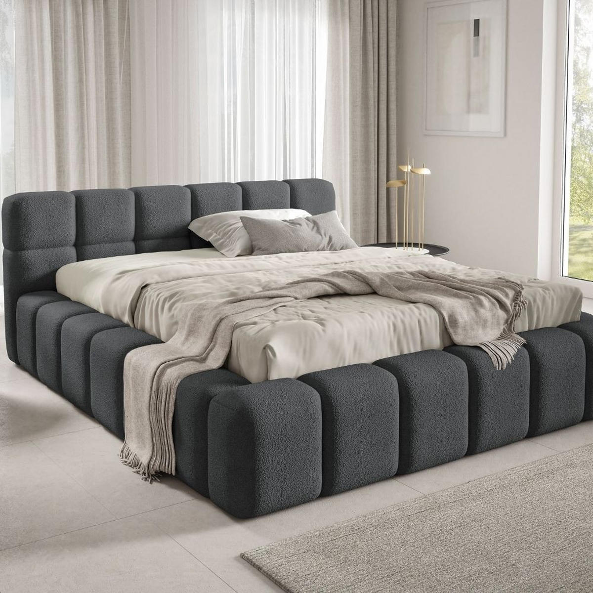 POLSTERBETT NUBO PREMIUM 140x200 cm mit Bettkasten – Stoff QUELLE 92 - Dunkelgrau, Holz (140/200cm) - Dekori_Interiors