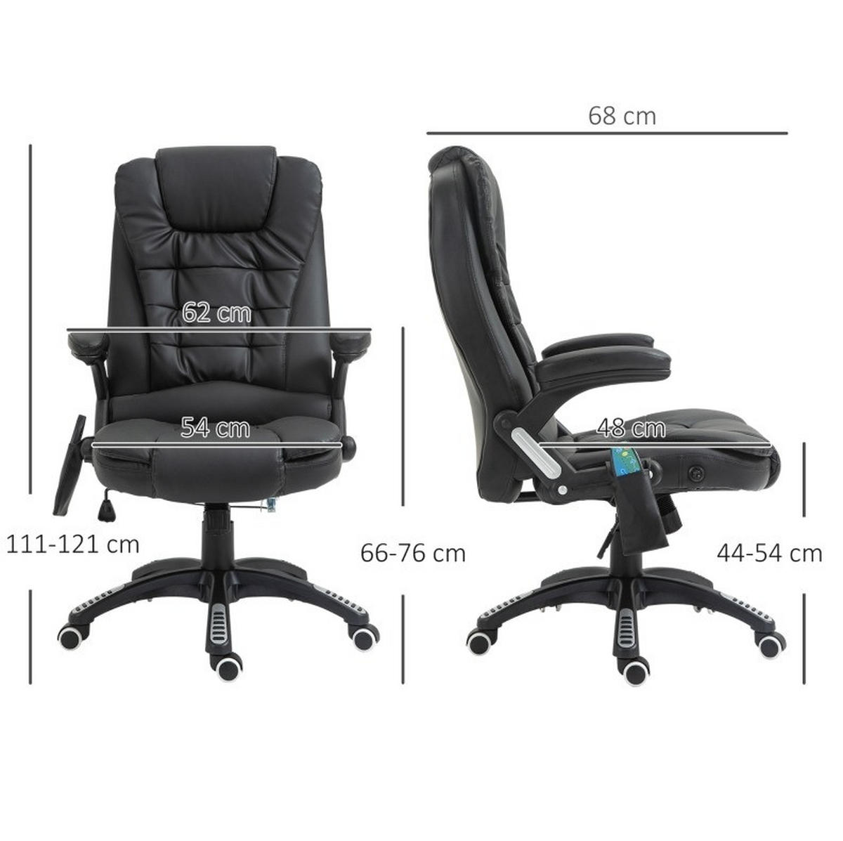 KANCELÁRSKE kreslo 54/44–54 cm čierne z umelej kože s masážou ohrevom a výškovým nastavením - čierna, plast (70/121/70cm) - OKWISH