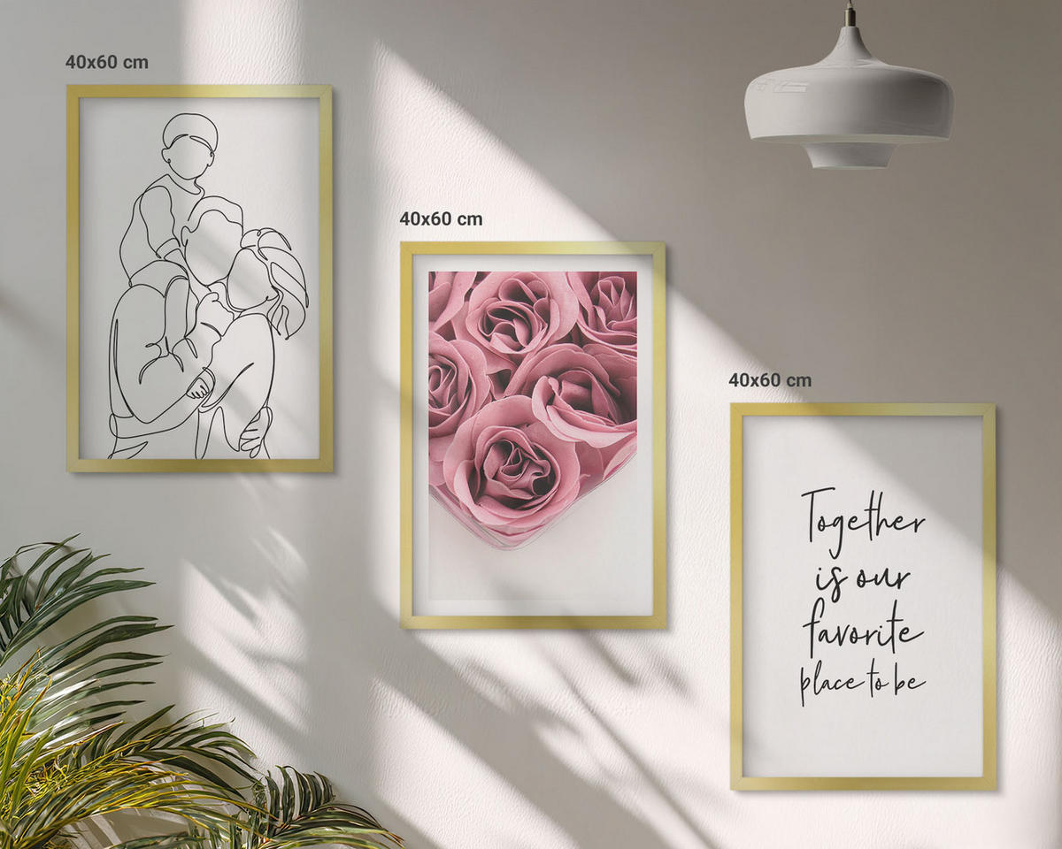 WANDBILDER 3er Set - 40x60 cm Goldrahmen - Rosensträuße als Familienzeichnung - Goldfarben, Kunststoff (40/60cm) - ArtPrintCave