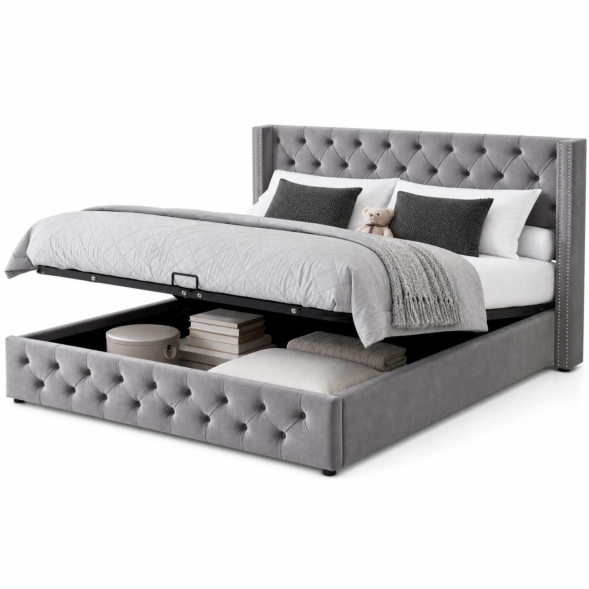 POLSTERBETT 160/200 cm in Grau mit Bettkasten Samt - Grau, Holzwerkstoff/Textil (160/200cm) - CHICFURN