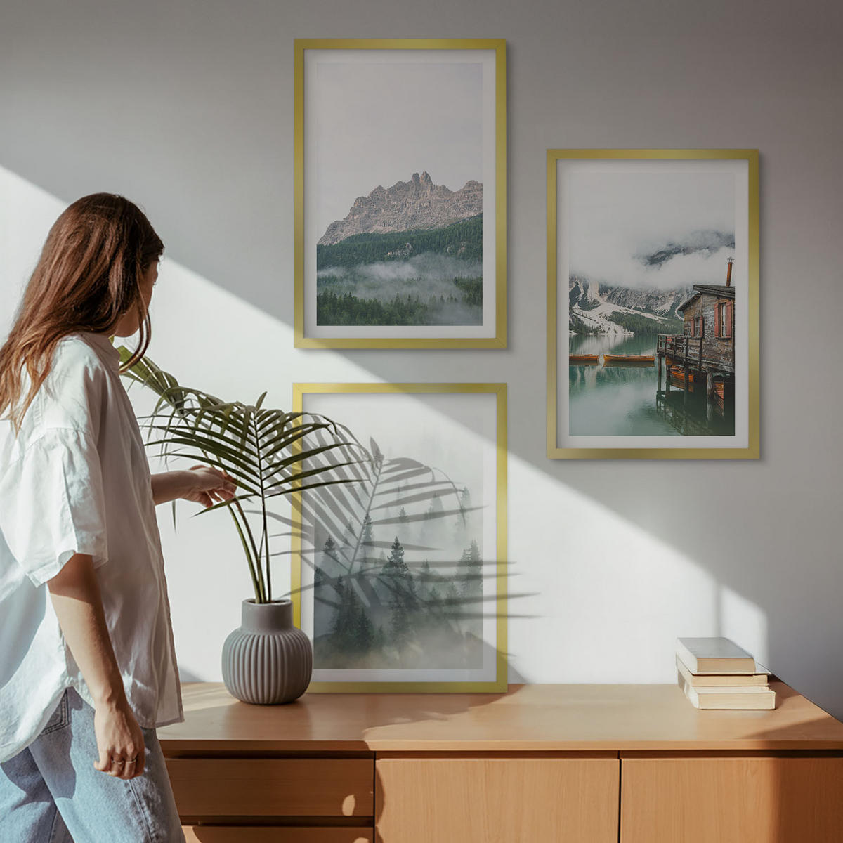 WANDBILDER 3er Set - 40x60 cm Goldrahmen - Berge, See, Hütte, Nebel - Goldfarben, Kunststoff (40/60cm) - ArtPrintCave